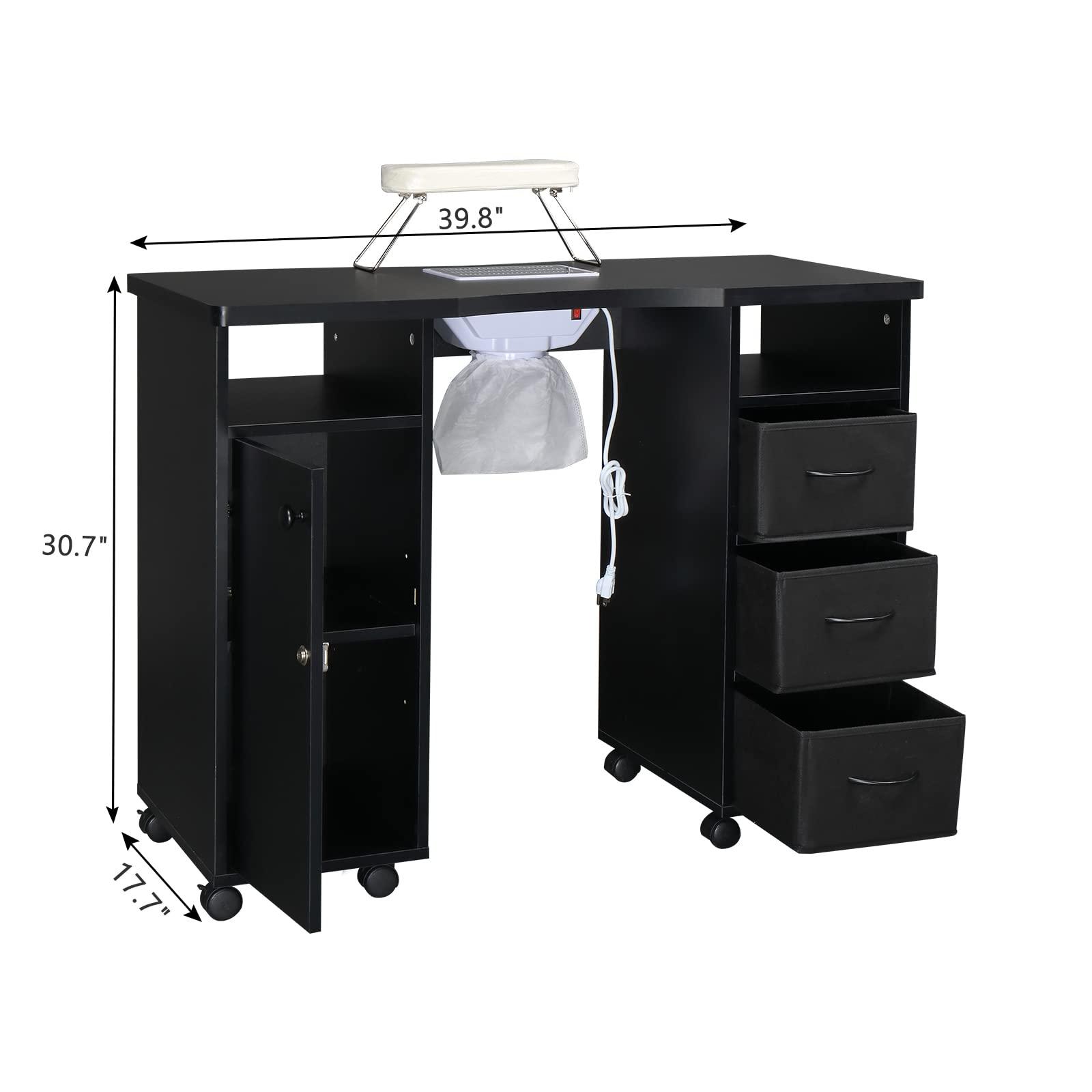 SSLine Manicure Nail Table Station with Fan and Wheels,Manicure Table Nail Beauty Spa Salon Desk Workstation w/3 Drawers,1 Cabinet,Nail Art Desk Workstation