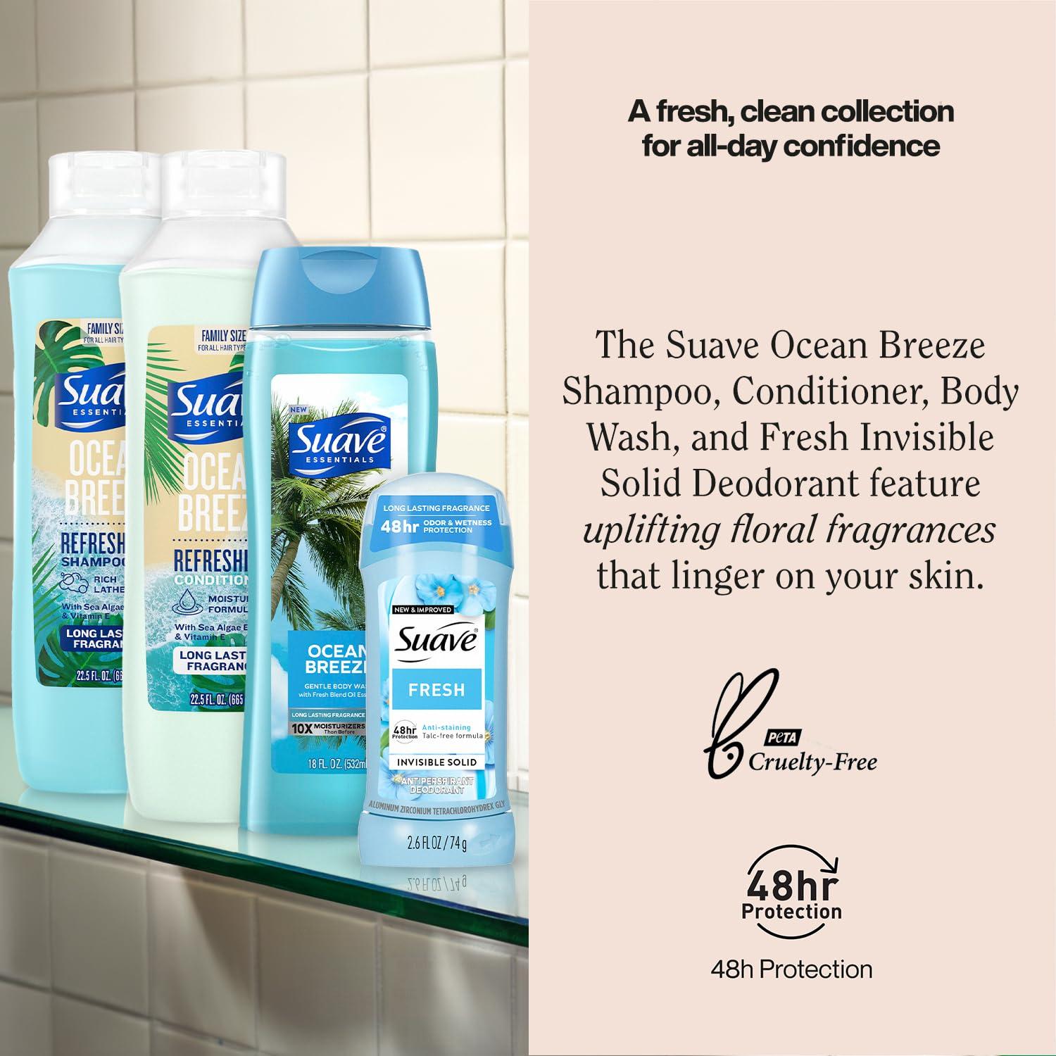 Suave Suave Body Wash 2-Pack, Shampoo & Conditioner, Ocean Breeze + Fresh Antiperspirant Deodorant for Women (5 Piece Set)
