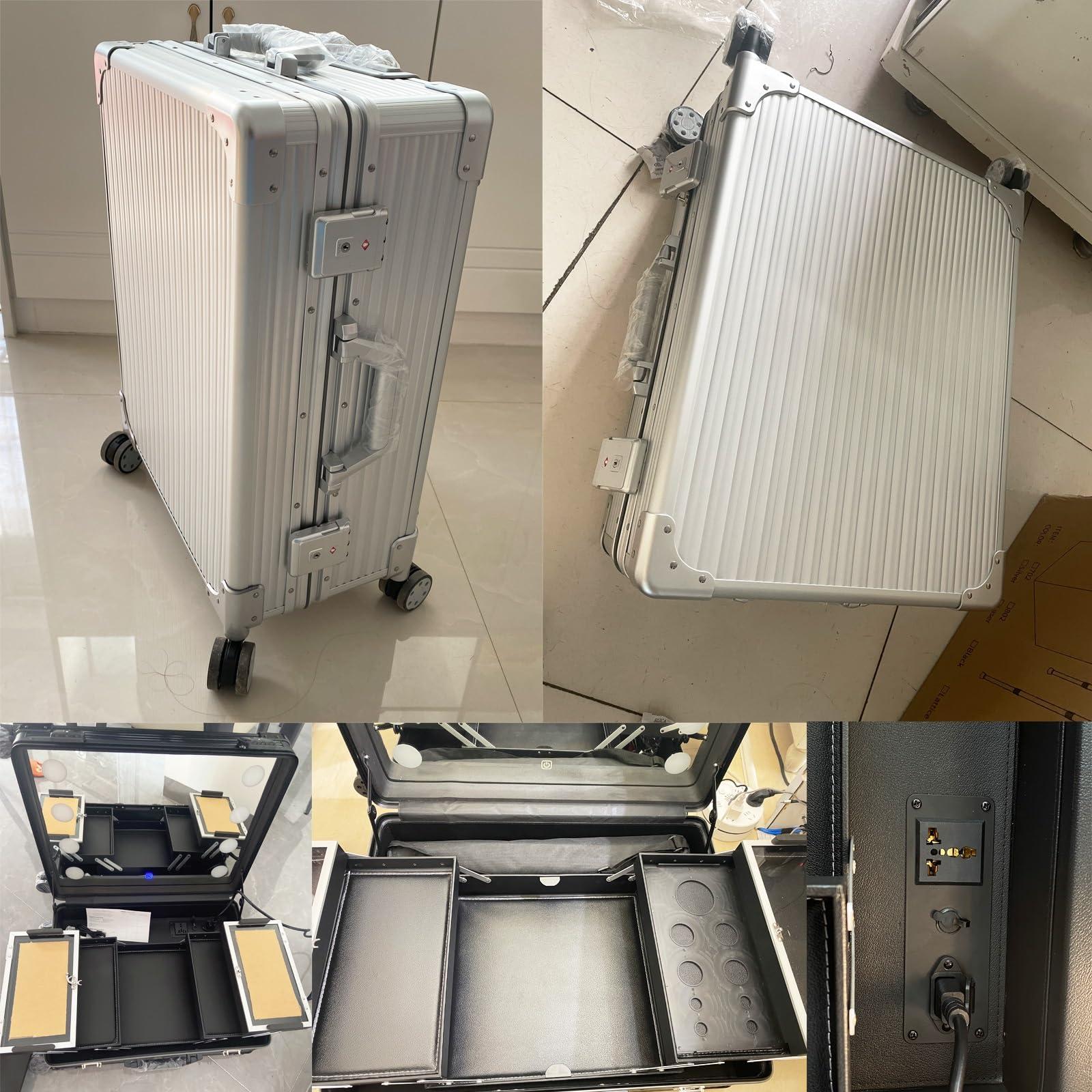 HJXGQJM Large Makeup Train Case With Mirror And Lights, Professional Artist Cosmetic Travel Organizer Box Aluminum Makeup Case Salon Station With Stand Rolling Lighted Makeup Vanity Station (Silvery) ( Color