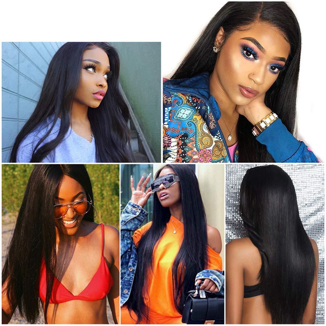 SSJFZM Hair 3 Bundles Human Hair Bundles With Frontal Brazilian Straight Hair Weave Natural Black 100% Remy Hair Extensions Three Part 16 & 18 & 20 & Closure 14