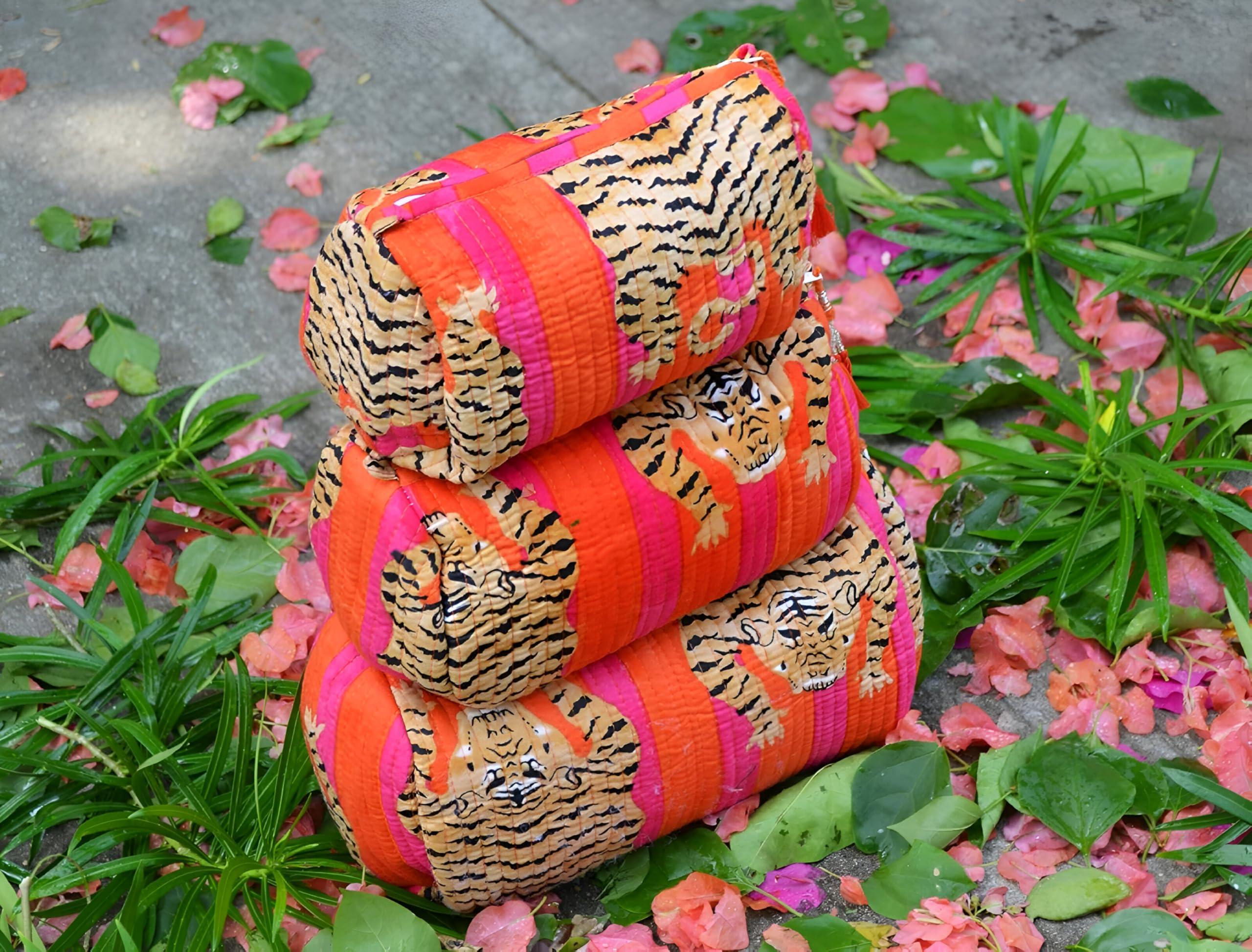 Generic Tiger Print Makeup Bag Set of 3 Pieces Indian Quilted Wash Bag Travel Organizer Kit Storage Bag for Women Makeup Bag Travel Cosmetic Bag
