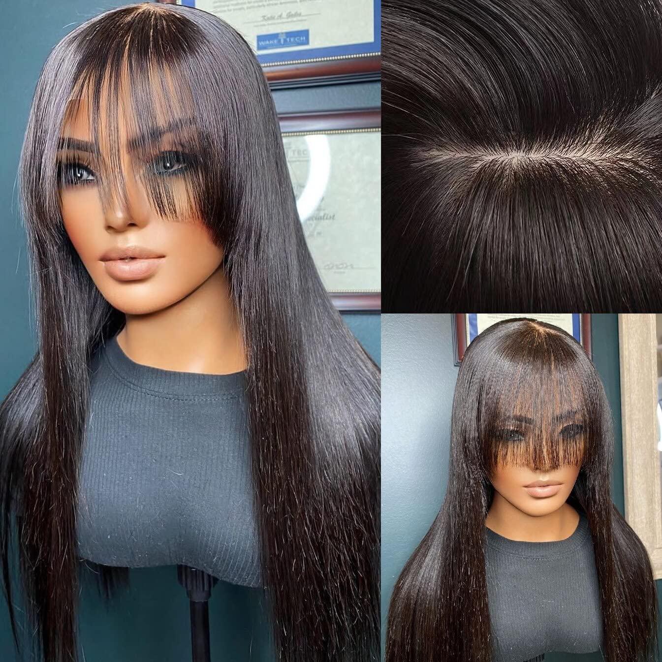 HAOKE Silk Top Wig Human Hair Straight Wigs Human Hair for Black Women Long Black Wig With Bangs Real Human Hair Jet Black Glueless Human Hair Wigs Middle Part Lace Front Wigs (20inch,Jet Black )