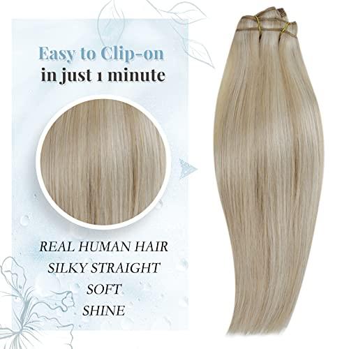 RUNATURE Blonde Hair Extensions Clip in Human Hair Highlighted Platinum Blonde Real Clip in Human Hair Extensions #18P60 and #60 14 Inch 105g