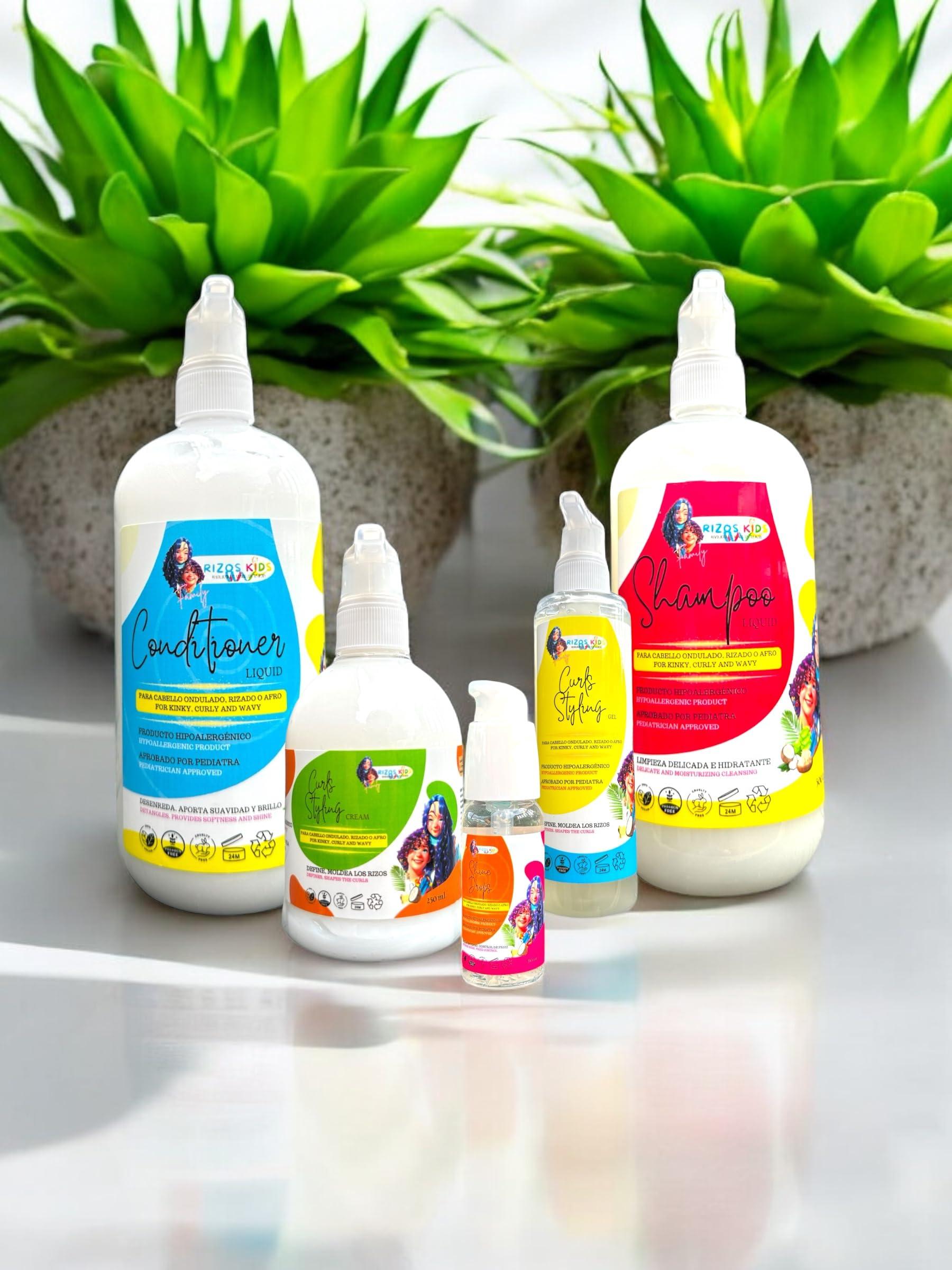 Rizos Kids Rizos Kids, Hair Care Set with Shampoo, Conditioner, Shine Drops, Curl Styling Gel & Cream.