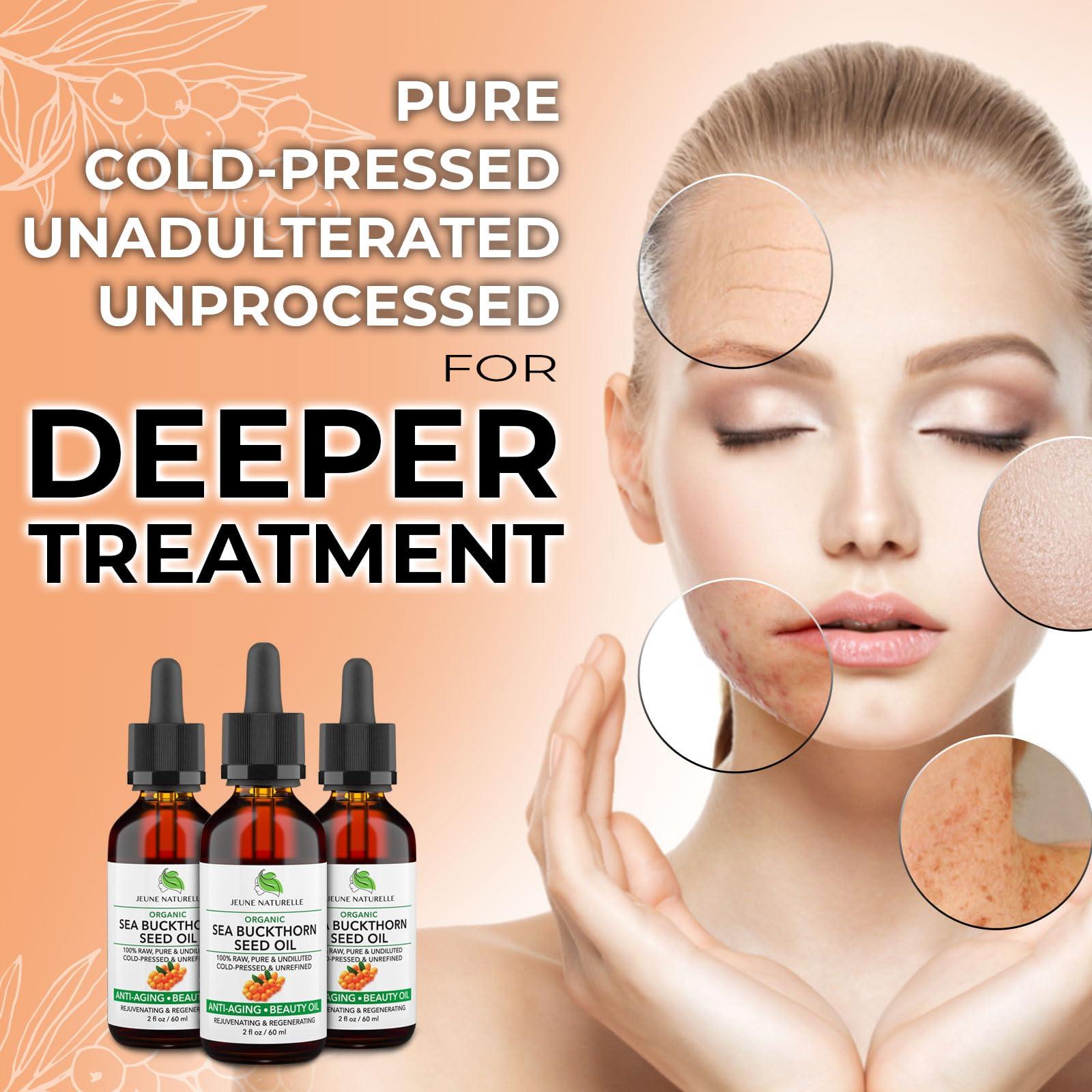 Jeune Naturelle Jeune Naturelle Sea Buckthorn Oil Organic, From Fruit & Seeds, 100% Pure RAW Virgin Cold-Pressed Undiluted Unrefined, Fast Absorbing, Travel Size, Non-Comedogenic