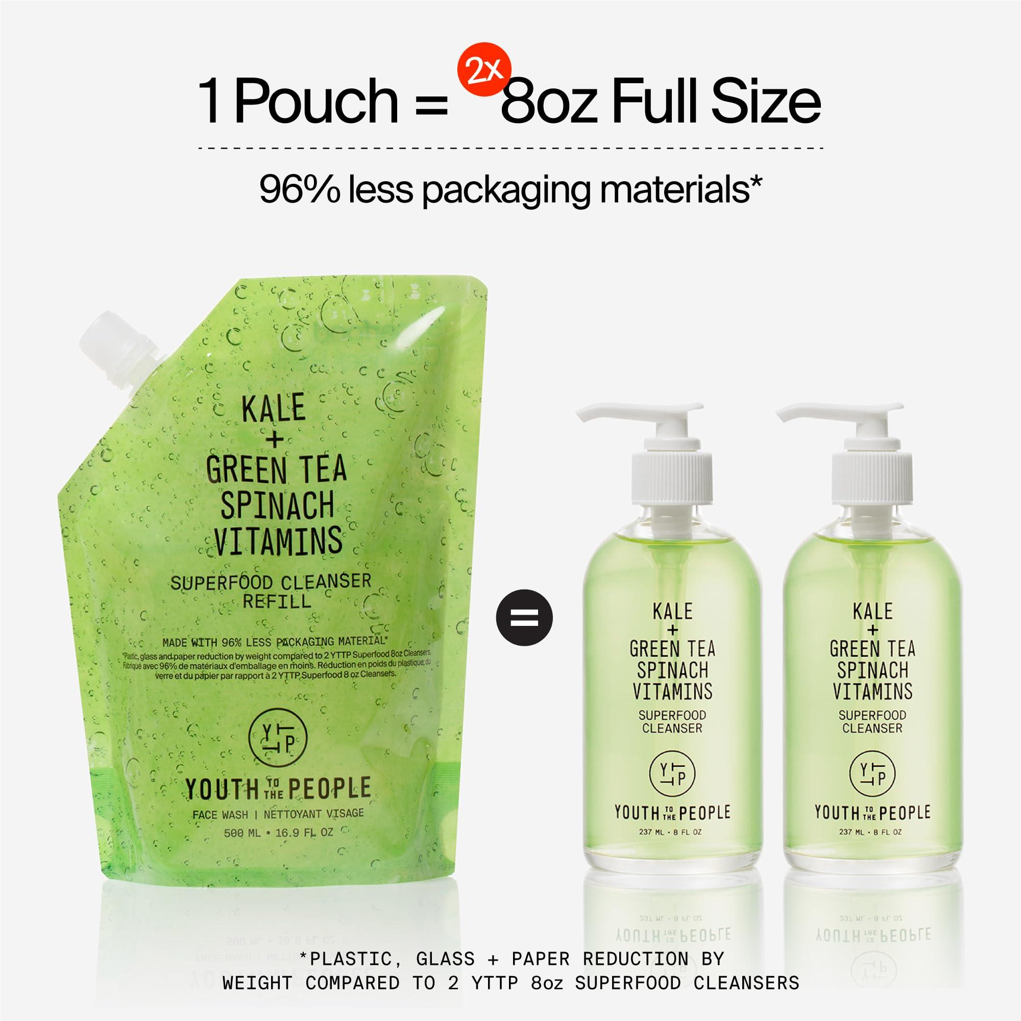 Youth To The People Youth To The People Superfood Cleanser Travel Refill Bundle Set, Kale + Green Tea Face Cleanser (2oz) + (16oz Refill Pouch), Award-Winning Face Wash, Makeup Remover, All Skin Types