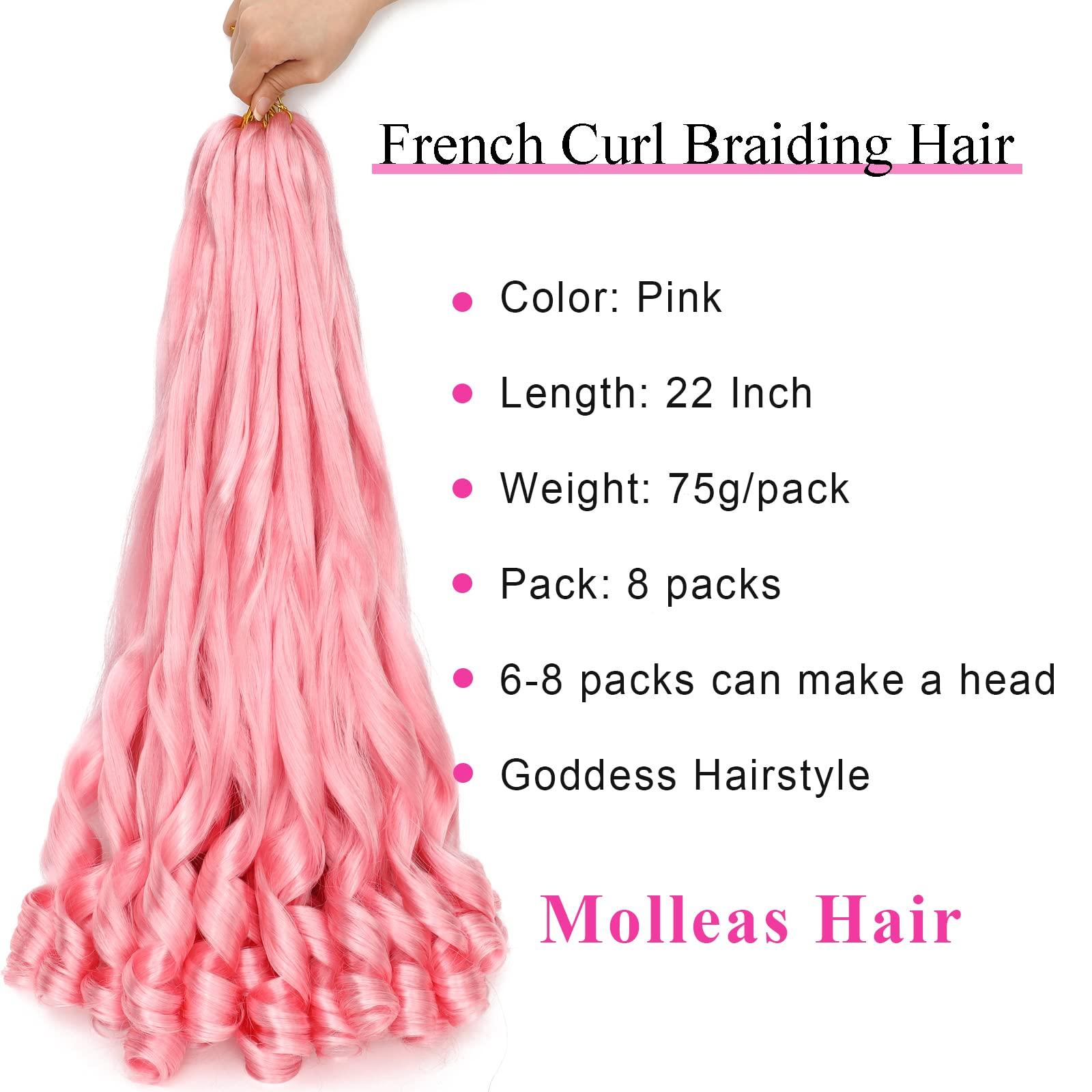 Molleas Pink French Curl Braiding Hair 8 Packs Curly Braiding Hair French Curly Braiding Hair Pre stretched Loose Wave Crochet Hair for Black Women Synthetic Hair Extensions(8 Packs, Pink)