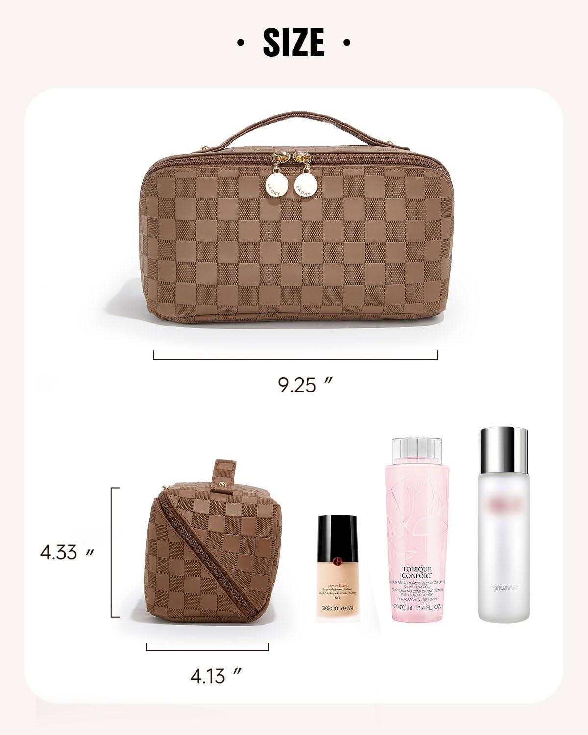 EACHY EACHY Travel Makeup Bag, Large Capacity Cosmetic Bags for Women, Waterproof Portable Open Flat Toiletry Bag Make up Bag with Divider and Handle, Gifts for Women (Plaid-Brown, Medium)