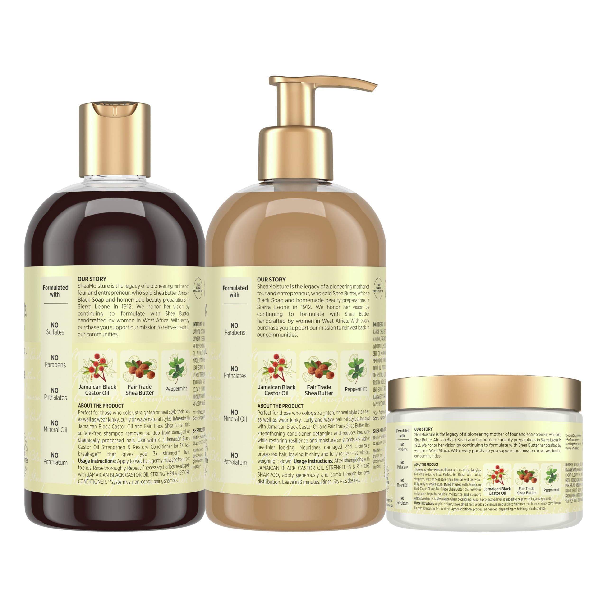 SheaMoisture SheaMoisture Strengthen & Restore Shampoo, Conditioner & Leave-In Bundle Jamaican Black Castor Oil 3 Pack to Cleanse & Nourish Dry, Damaged Hair