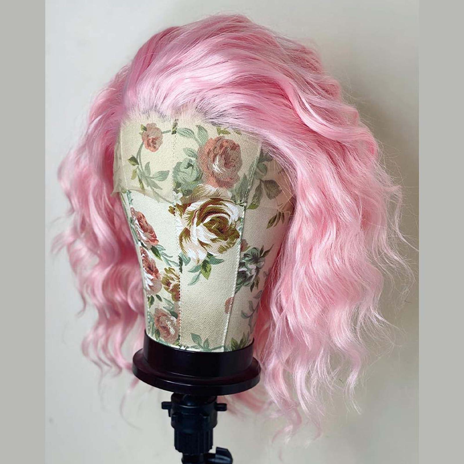 Imeya Imeya Pastel Pink Wig Short Curly Bob Wig Free Part, Synthetic Lace Front Short Pink Wigs for Women, Light Pink Short Bob Wig Heat Resistant Fiber Curly Wig for Daily Party Cosplay Costume
