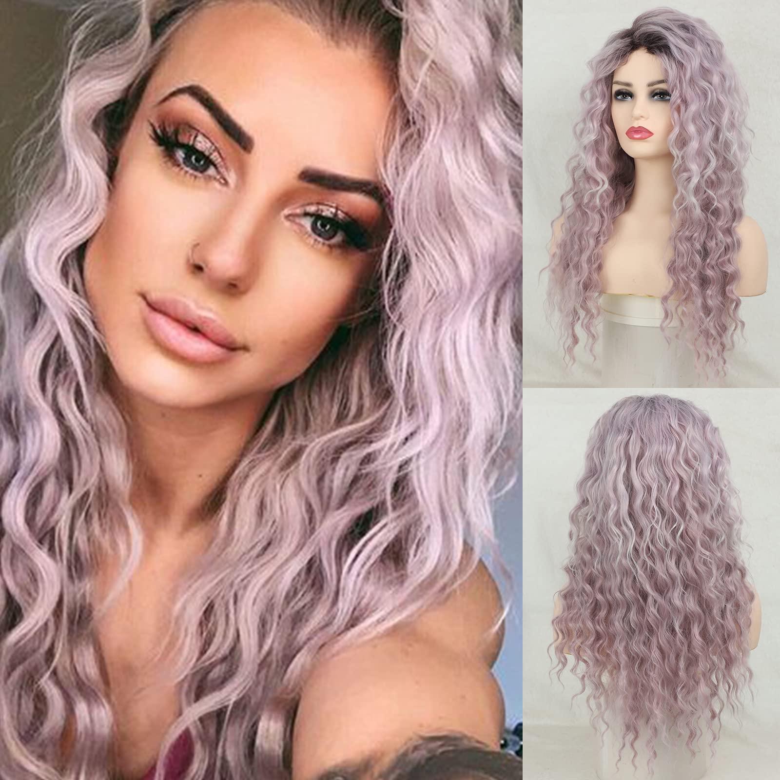 Fencca Fencca Purple Wig Long Curly Wigs for Women Ombre Purple Wavy Curly Synthetic Wig Free Part Natural Looking Wig