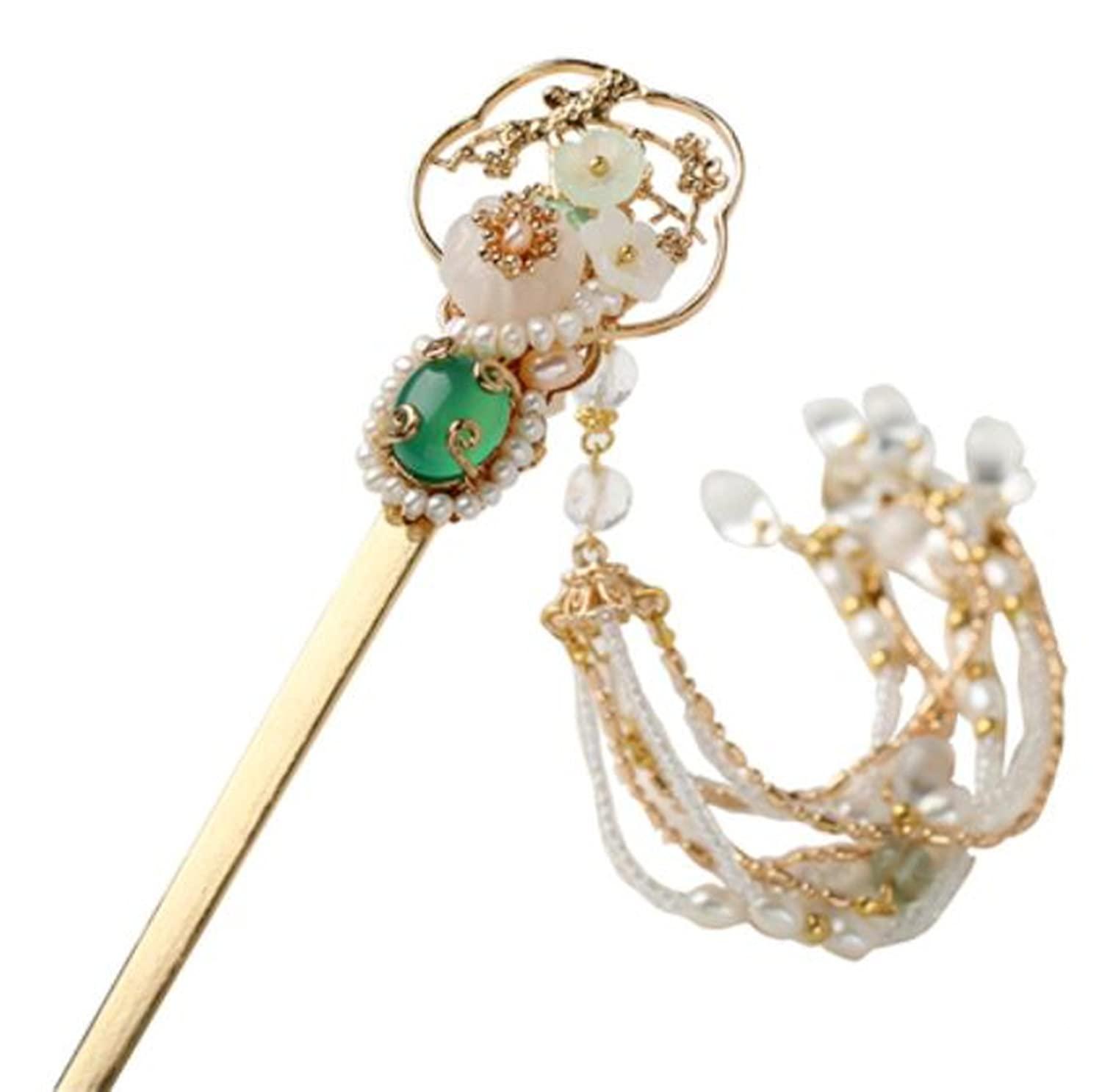 Yuri Yuri Hairpin Hair Clasp Sticks Picks Pearl Shell White Crystal Long tassels Hair Accessories For Long Hair Women Wedding Hanfu Cheongsam (green jade)