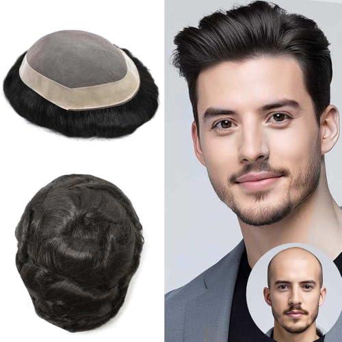 Generic Toupee For Men Human Hair Replacement System Fine Mono Lace Durable Mens Toupee Natural Hairline Mens Hair Piece NPU Monofilament Wig Hair Unit 9\"x11\"-120% Medium Density#1B Off Black