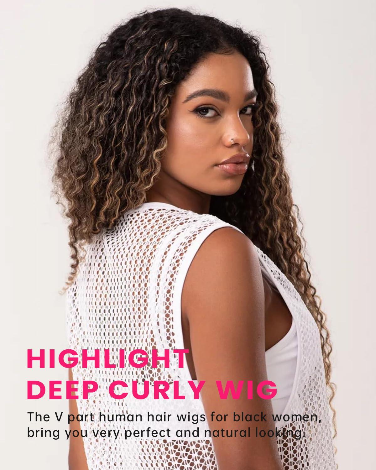 MEGALOOK MEGALOOK V Part Wig Human Hair Highlight Wig 12A Deep Curly Wig Human Hair 180% Density Half Wigs for Women Glueless U Part Wig with Clip Beginner Friendly No Sew In No Glue 18 Inch FB30#