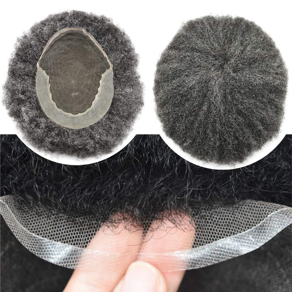 WigVivid WigVivid Lace Front Afro Curl Toupee for Black Men African American Afro Kinky Curly Brazilian Human Hair Unit for Black Men Breathable Afro Mens Toupee 8x10 inch (#1B20 Off Black+20% Gray-6mm wave)