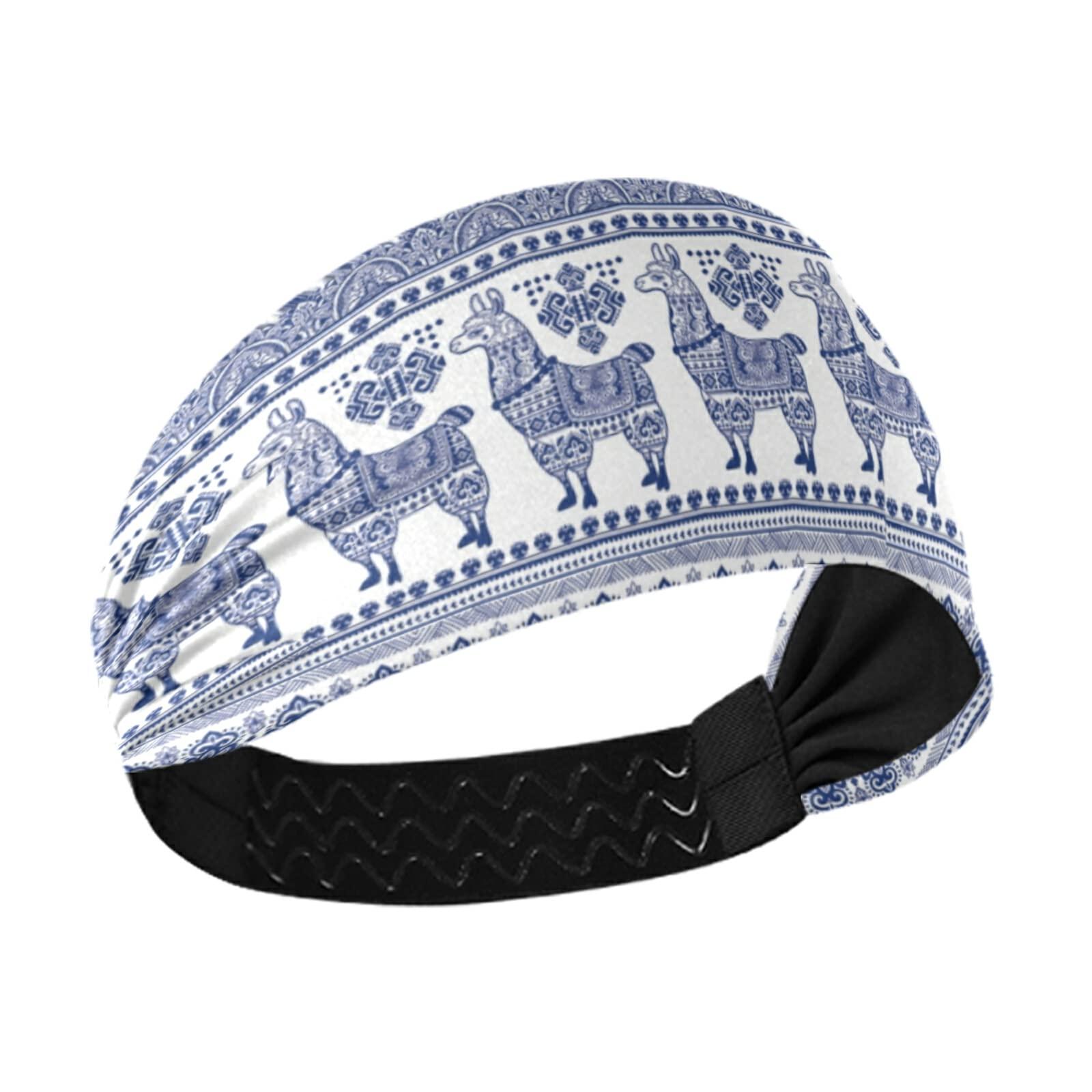Poeticcity Blue Alpaca Llama Animal with Ethnic Tribal Ornaments Women's Headband, Stretchy Sweatband Breathable Head Wraps Sweat Wicking Elastic Hair Bands Head Scarf for Sports Yoga