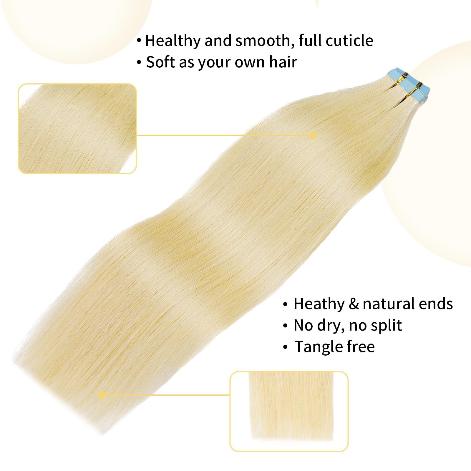 FAAAL 18 inch Tape in Hair Extensions Human Hair Invisible Straight Tape Hair Extensions for Women 20 Pcs/50g Seamless Skin Weft Real Hair Extensions Tape ins Human Hair Platinum Blonde