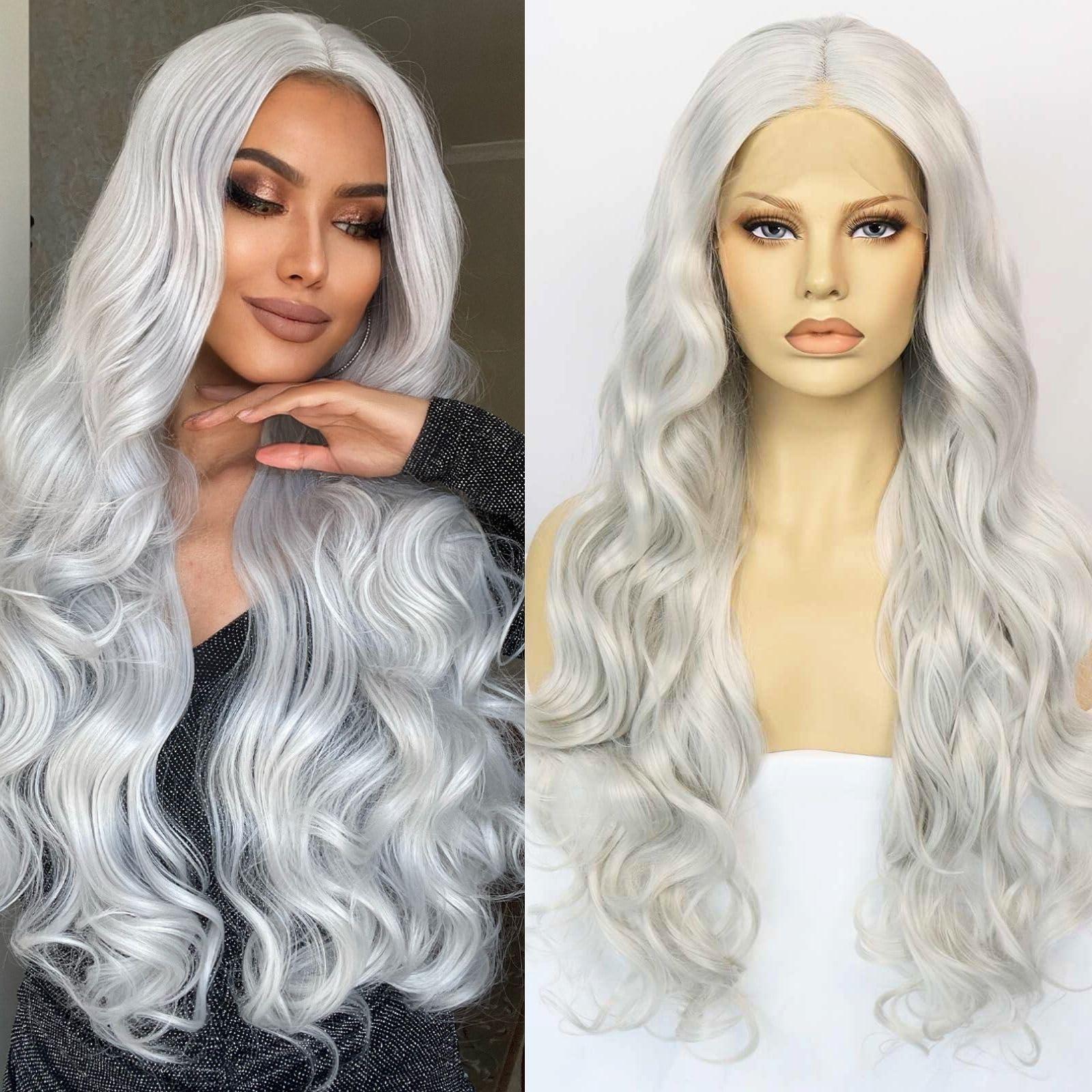 Ebingoo Ebingoo 26 Inch Silver Gray Lace Front Wig+Wig Cap Wavy Silver Wig for Women Curly Lace Front Wig Silver Princess Wig for Halloween Cosplay Women Daily Wear