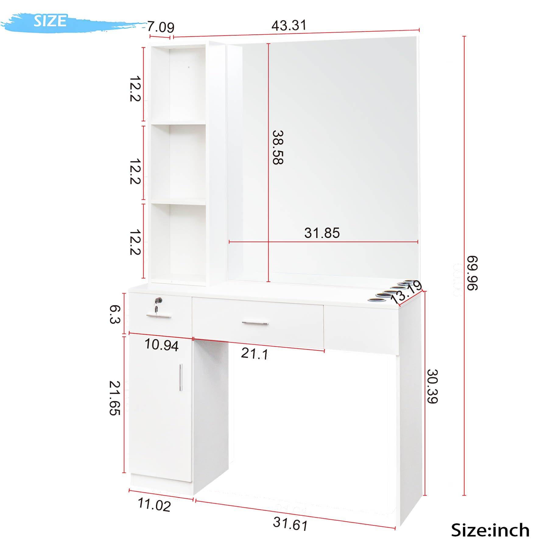 RIDFY Barber Station with Mirror, Hair Salon Stations for Hair Stylist with 3 Hair Dryer Rack, Beauty Spa Furniture Equipped with 3-Storage Shelf, Cabinet, 2 Lockable Drawers, (White)