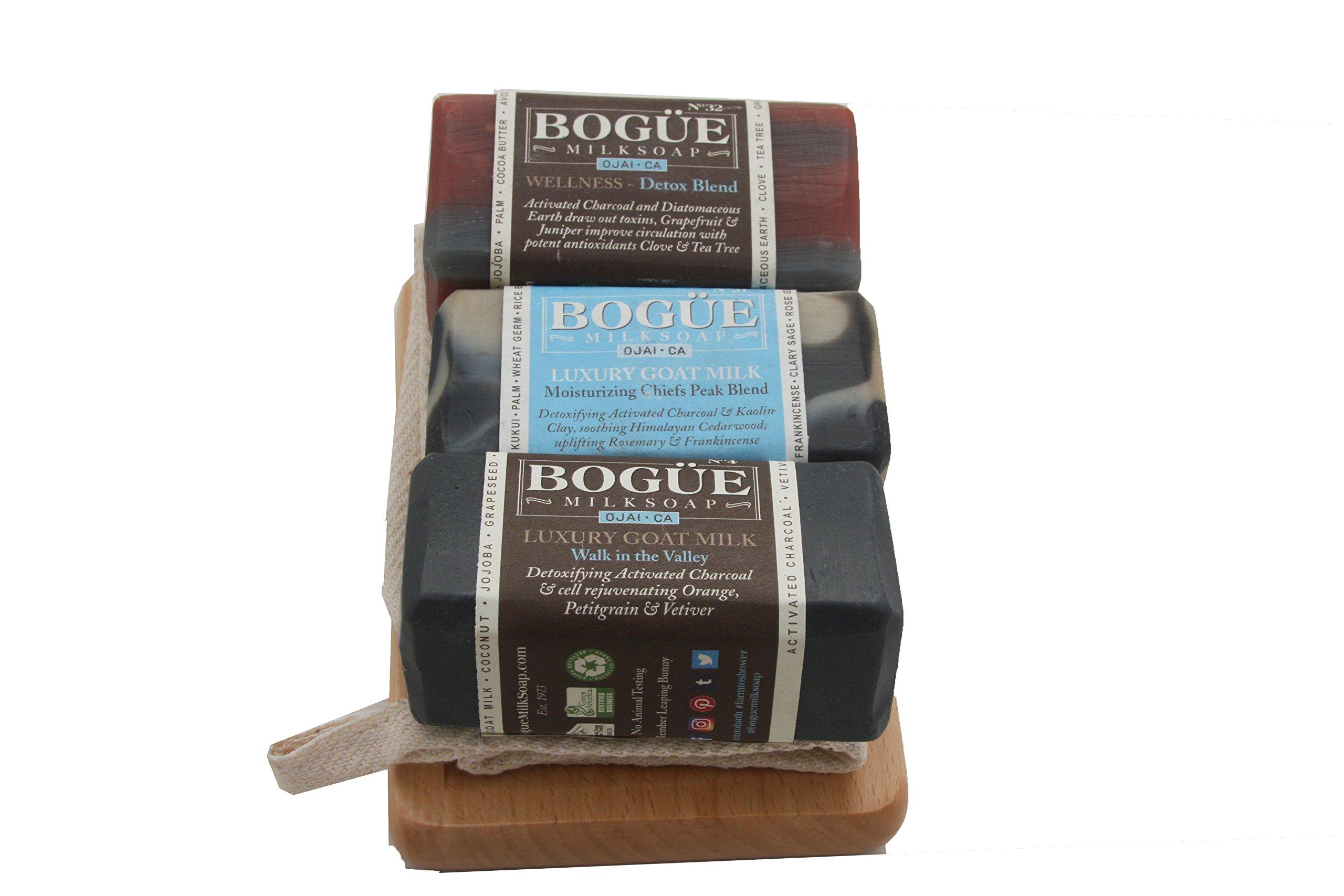 Bogue Milk Soap Goat Milk Soap Activated Charcoal 3 bar Giftset- WELLNESS No32 Detox & antioxidant, No.21 Moisturizing Chiefs Peak Blend, No.4 \"Walk in the Valley\" Rejuvenating