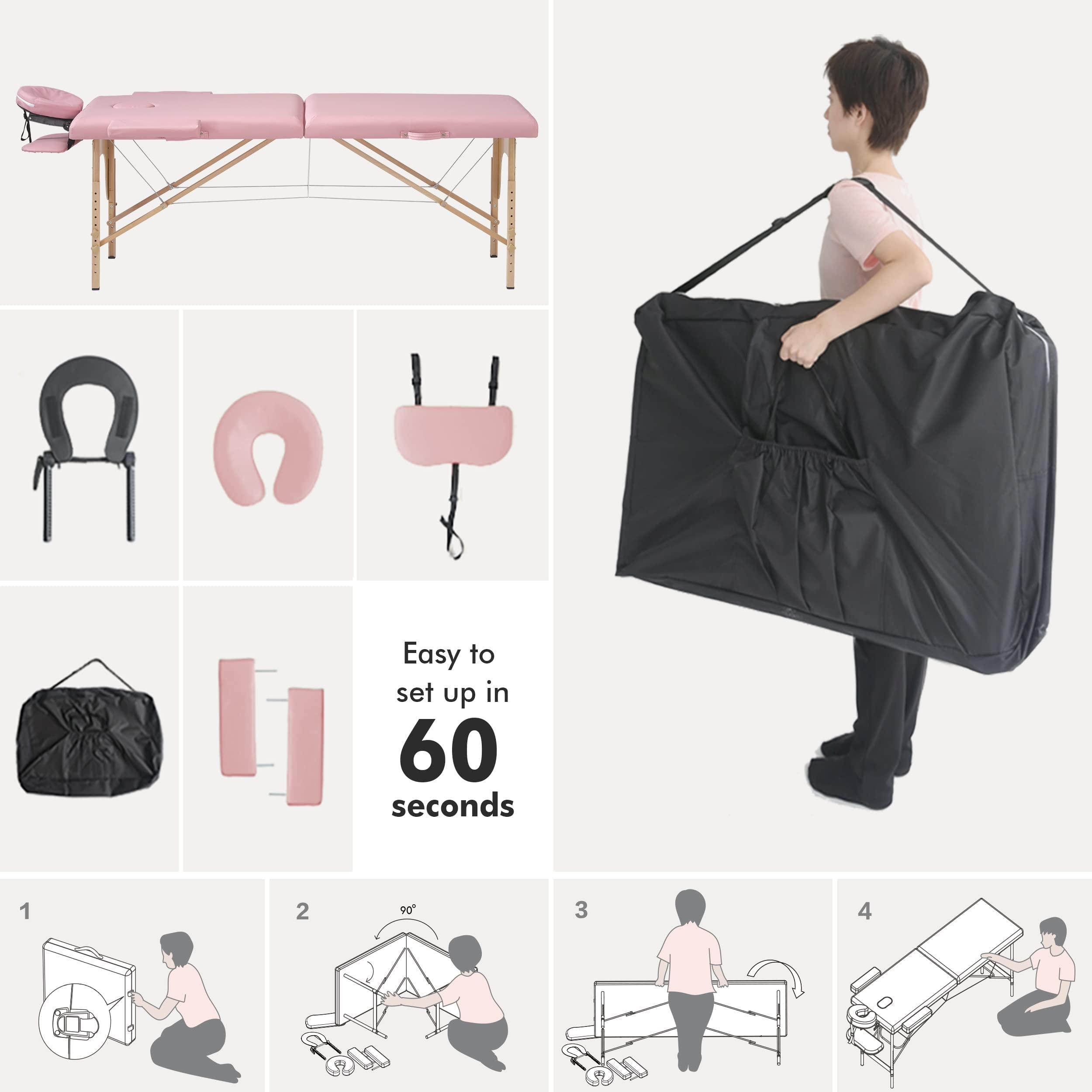 Prilinex Prilinex Portable Folding Massage Table - 2 Sections Massage Bed Spa Table with Carrying Bag, Face Cradle, Armrest & Hand Pallet - Easy Set Up, Lightweight, Height Adjustable 24" to 33" Pink