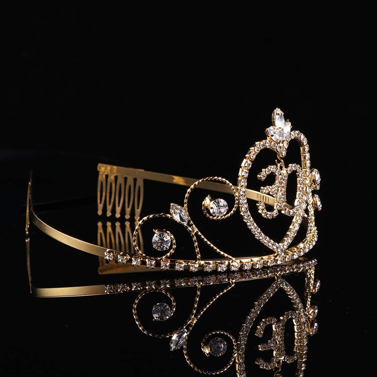 Beaupretty Beaupretty 30 Birthday Crown with Hair Comb Rhinestone Princess Tiara Happy Birthday Crowns 30st BirthdayParty Supplies (Golden)