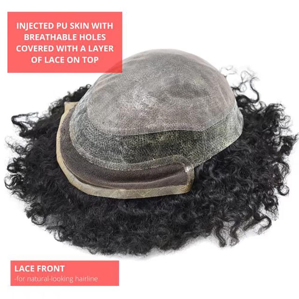 Hair Wonders Hair Wonders Lace Front Afro Toupee for Black Men Kinky Curly Hair Systems for African American Men Injected Breathable Tiny Holes Pu Base Afro Wave Hair Units Durable Non Surgical Hair Replacement Weave Unit for Black Men 8x10 inch Medium Density (1