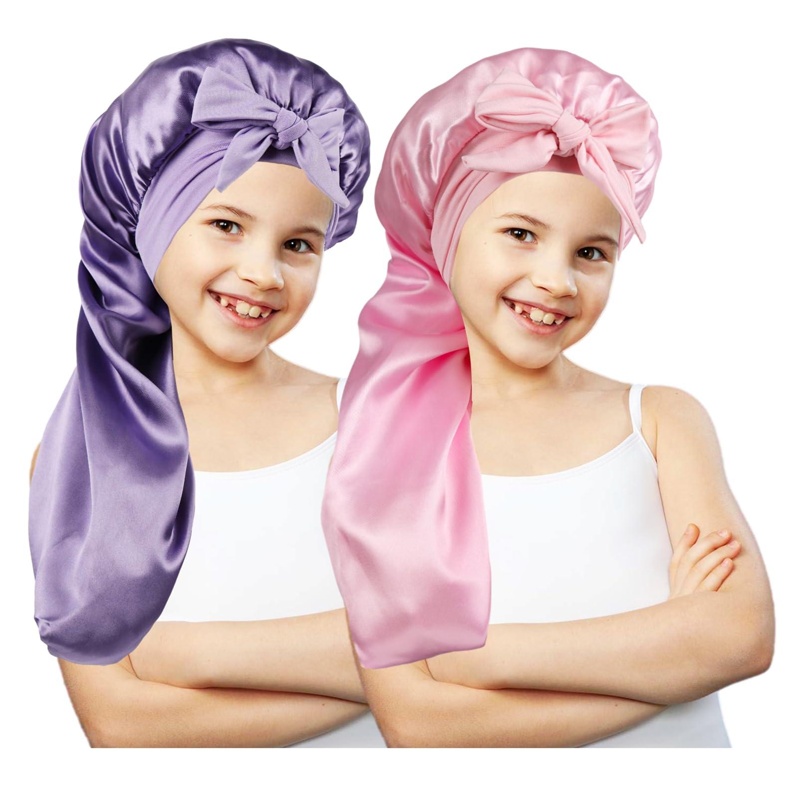 LBYLUS 2 Pcs Long Kids Bonnets for Girls,Silky Satin Bonnet for Sleeping Kids, Bonnet for Kids Braids,Long Hair