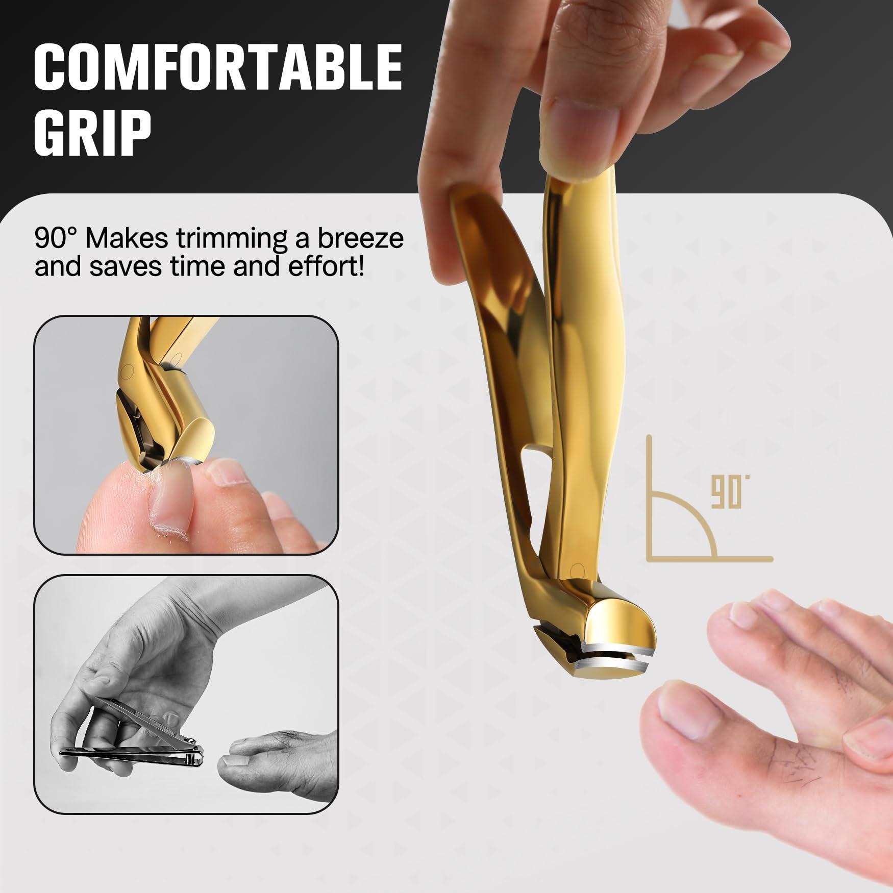FERYES FERYES Angled Head Long Handled Toenail Clipper for Seniors - Large Wide Jaw Nail Clipper with Catcher for Thick Nails - Easier Trimming, Ergonomic Design (Gold
