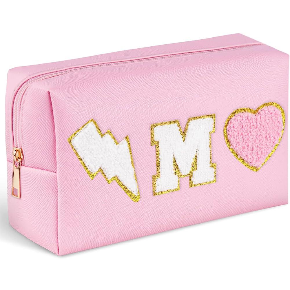 OEIPSMK OEIPSMK Personalized Makeup Bag Initial Chenille Letter Patch Cosmetic Bag Preepy Small Makeup Pouch Waterproof Leather Travel Toiletry Bag Monogram Make Up Pouch Birthday Gifts for Women, Medium