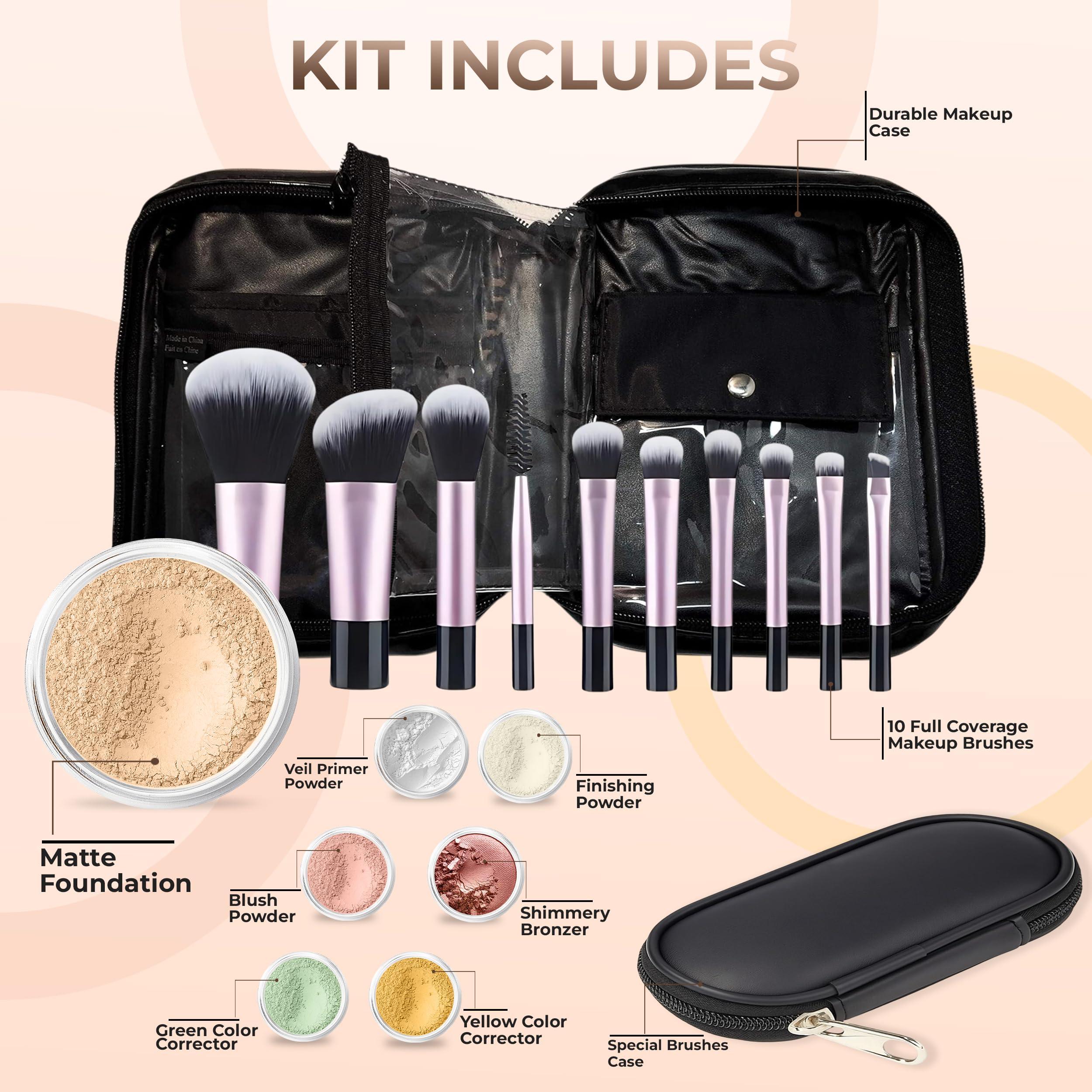 Sweet Face Minerals 15 pc STARTER KIT w/BRUSHES & CASE (FAIR 2) Mineral Makeup Foundation Blush Bronzer Illuminating Veil Set Bare Skin Matte Powder