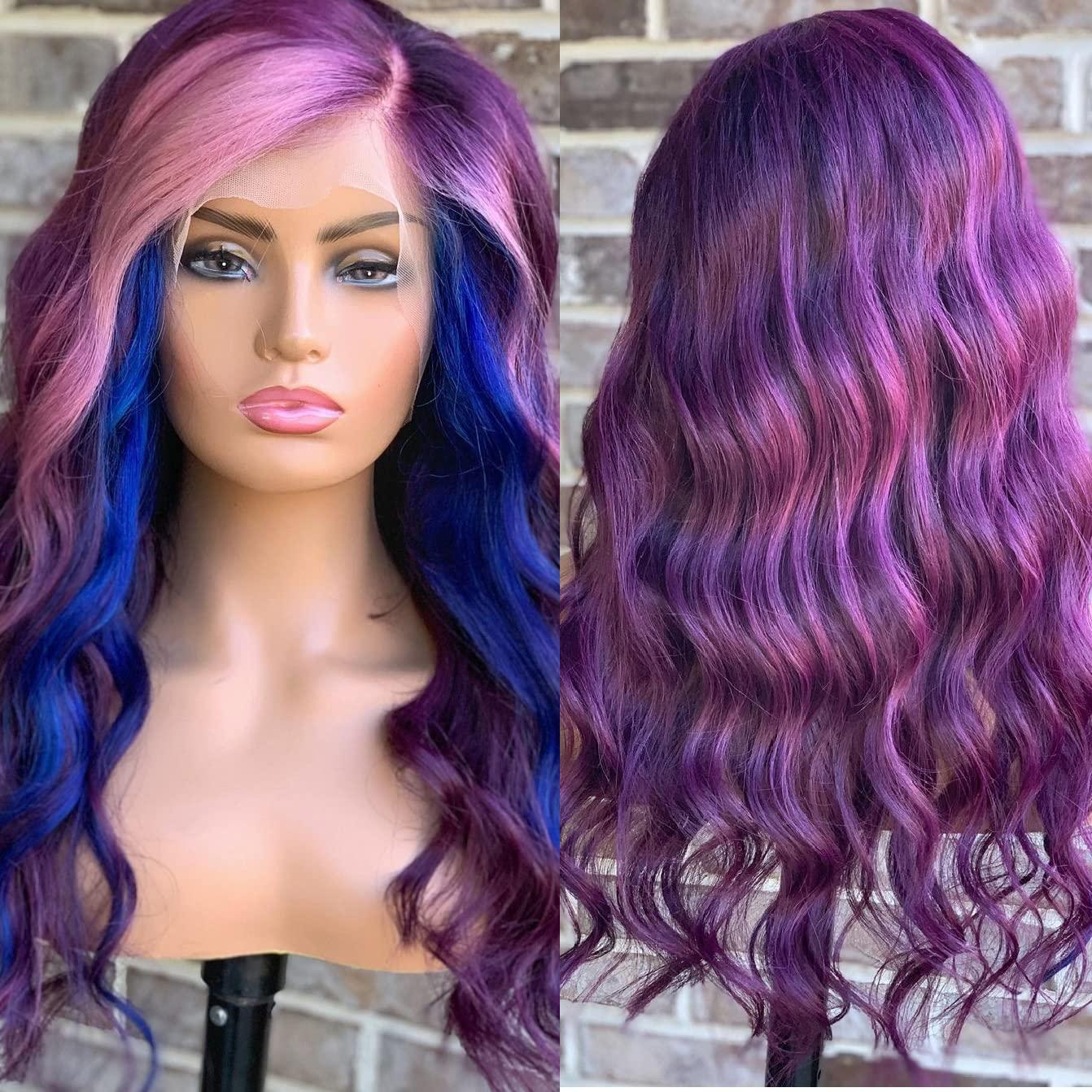 HAOKE Highlight Purple Wig Ombre Purple Blue Wigs For Women Pre Plucked Bleached Knots Lace Front Wig Body Wave Lace Front Wigs Human Hair(16inch, Purple Blue)