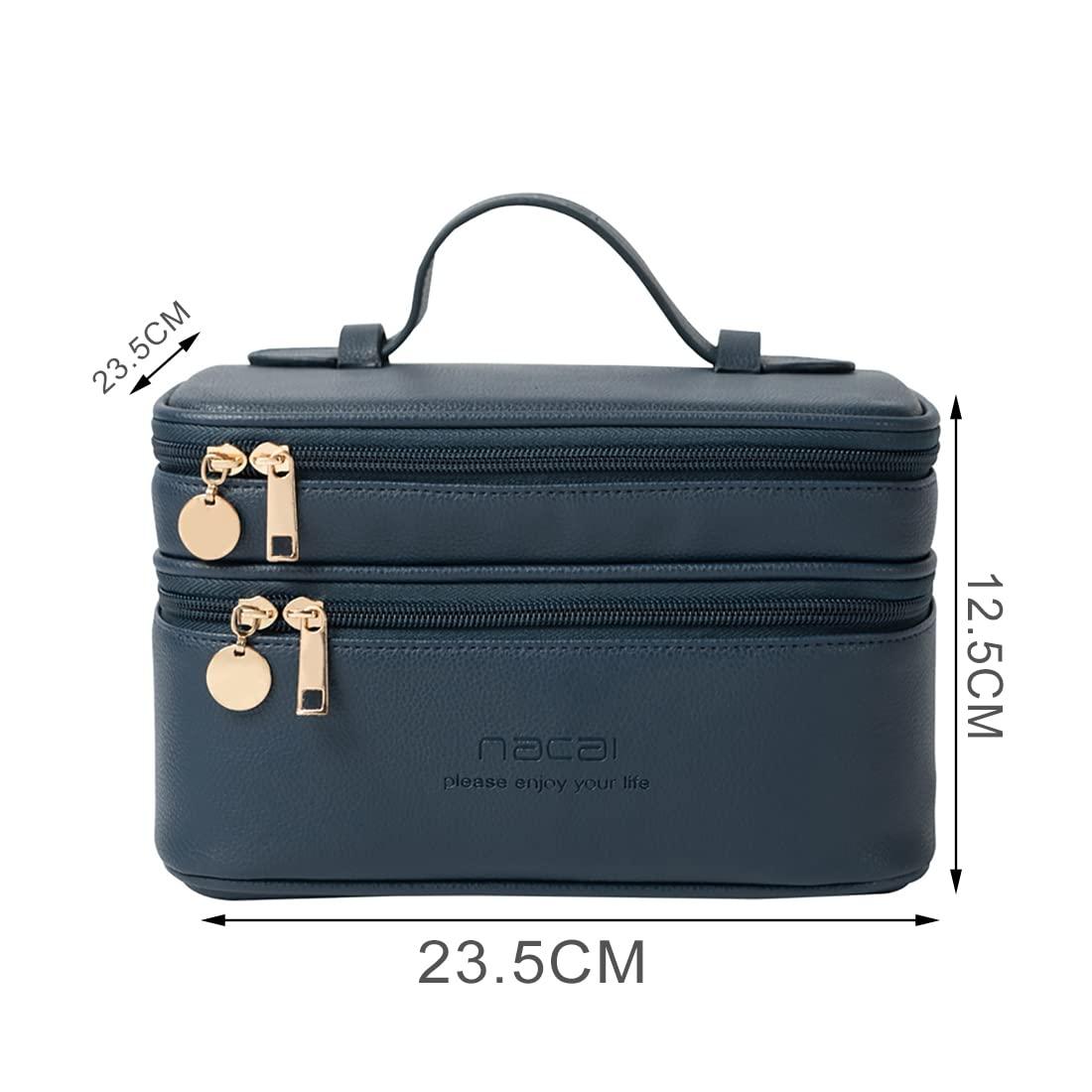 Fupeiwens Double Zip Cosmetic Train Case in Waterproof Design with Separate Brush Compartment,Travelling Double Layer Make Up Bag Organizer,Reusable Toiletry Bags,Brown