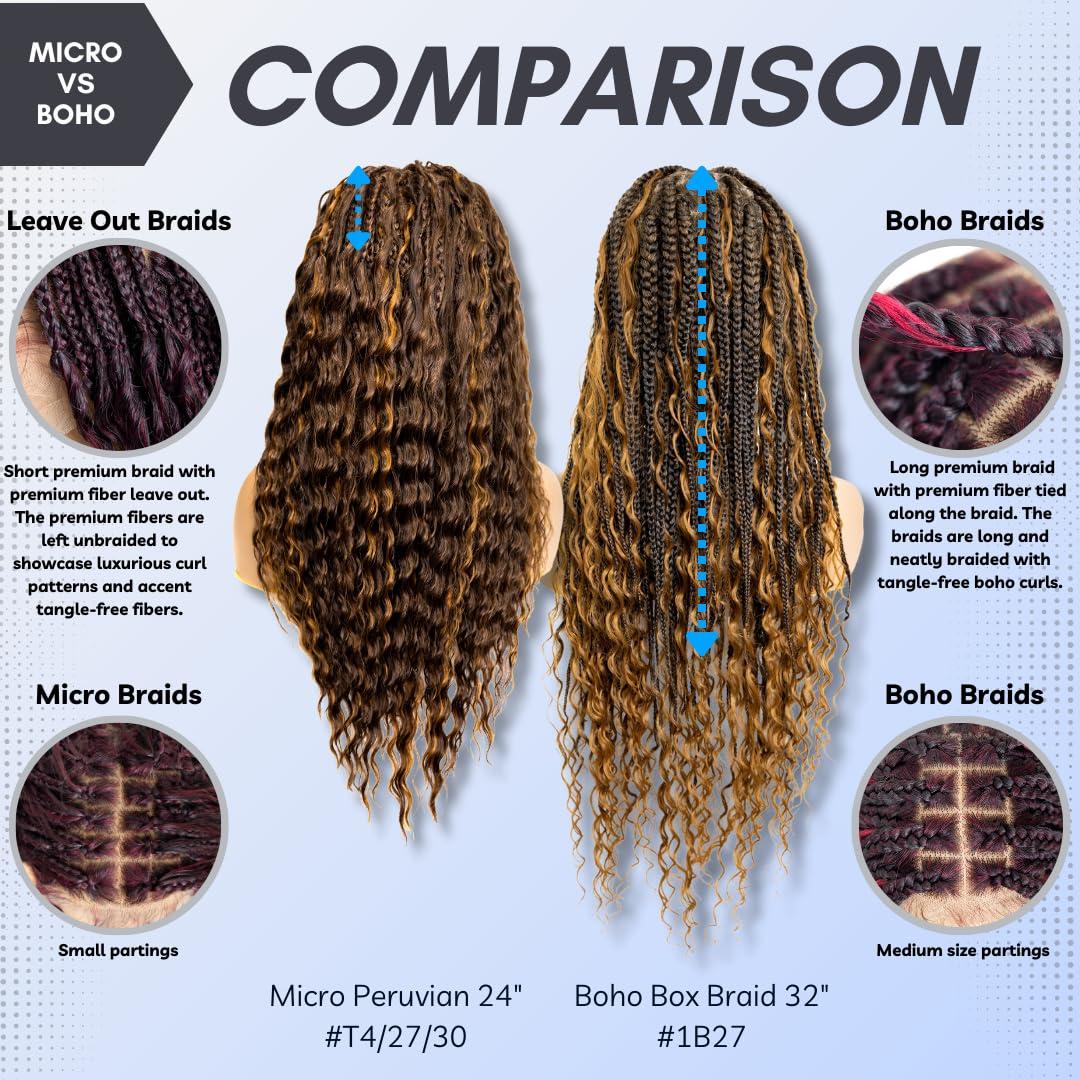 PiB PASSION IS BEAUTY PIB 24 Inch Single Full Lace Braid Wig - Micro Box Braided Wig with Peruvian Deep Wave - Knotless Braids for Black Women - Boho Style Curly Hair Wig (#T42730 Highlight Mix)