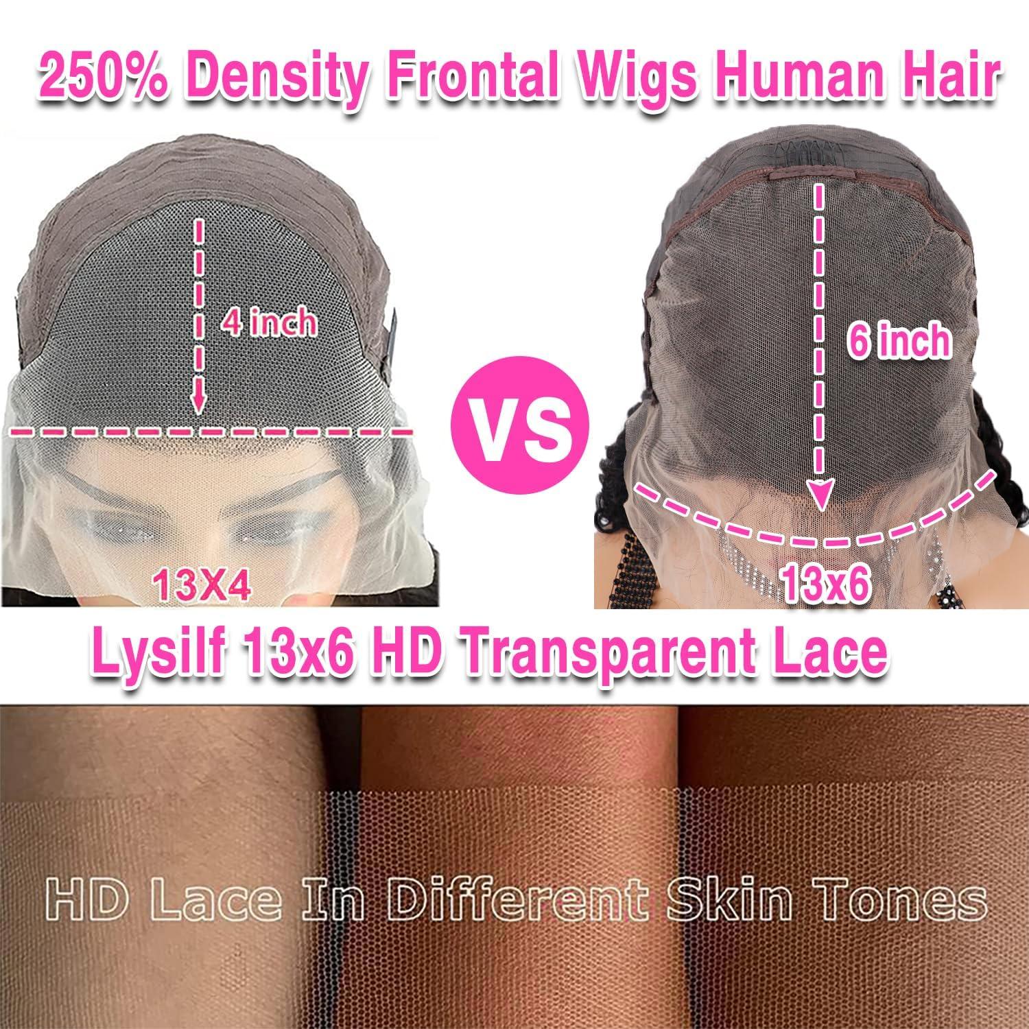 Lysilf 250% Density 13x6 HD Transparent Deep Wave Lace Front Wigs Human Hair for Women Glueless Deep Curly Lace Frontal Wigs Brazilian Virgin Human Hair Wigs Pre Plucked with Baby Hair (Natural Color,30Inch)