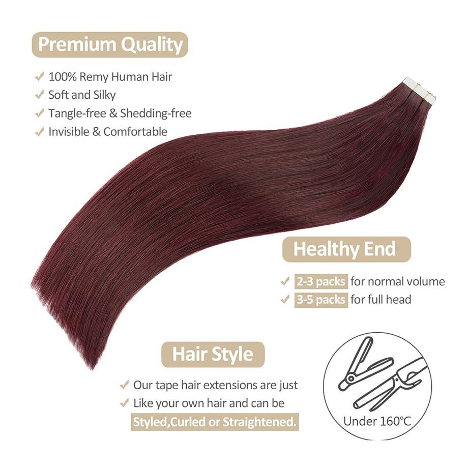 YUXING1205 YUXING1205 #99J 20/40pcs Wine Red Tape in Hair Extensions Real Human Hair Invisible Seamless Burgundy Human Hair Tape in Extensions(40 pcs,20 inches)