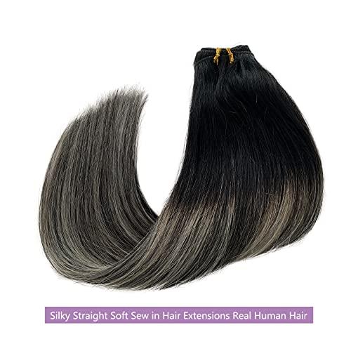 Licoville Silver Ombre Sew in Hair Extensions Human Hair Black and Gray Weft Hair Extensions Real Human Hair Sew in Balayage Black to Gray Highlights Hair Bundles 20 Inch 100grams