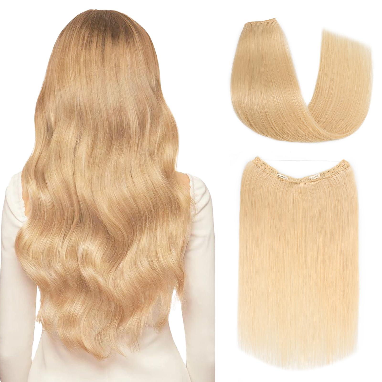 S-noilite Halo Hair Extensions Real Human Hair, S-noilite Hair Halo Extensions for Women 22inch Bleach Blonde Halo Hair Extensions Invisible Wire Hair Extensions with Adjustable Fish Line