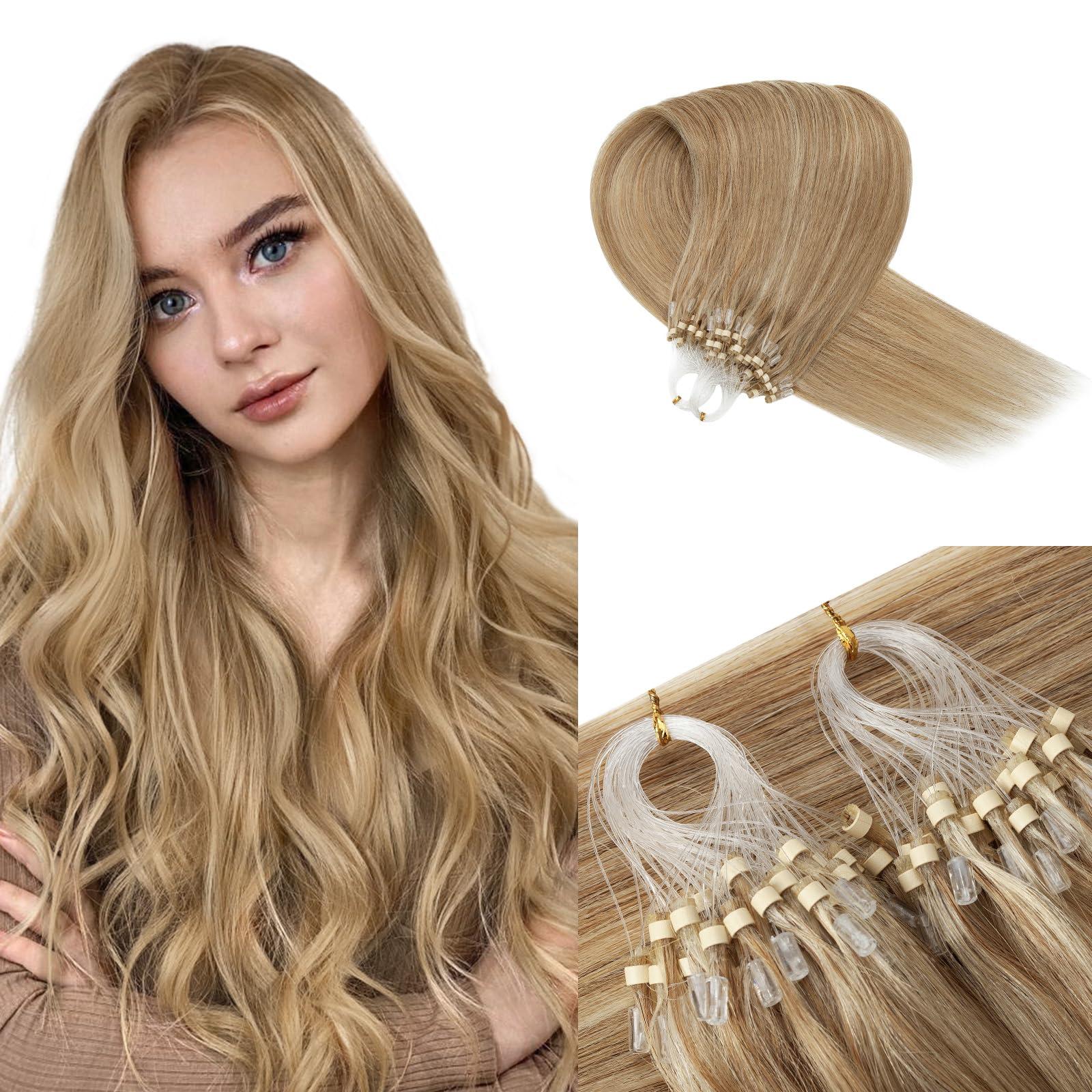 Benehair Benehair Micro Ring Human Hair Extensions Straight Micro Beads Hair Extensions Golden Brown&Bleach Blonde #12P613 50g 24Inch Remy Micro Loop Hair Extensions
