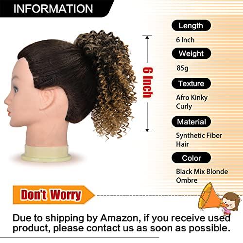 PEACOCO PEACOCO Short Curly Ponytails Drawstring Ponytail Hair Piece for Black Women, 6 Inch Kinky Pony Tail Extension for kids black girls (1BT27)