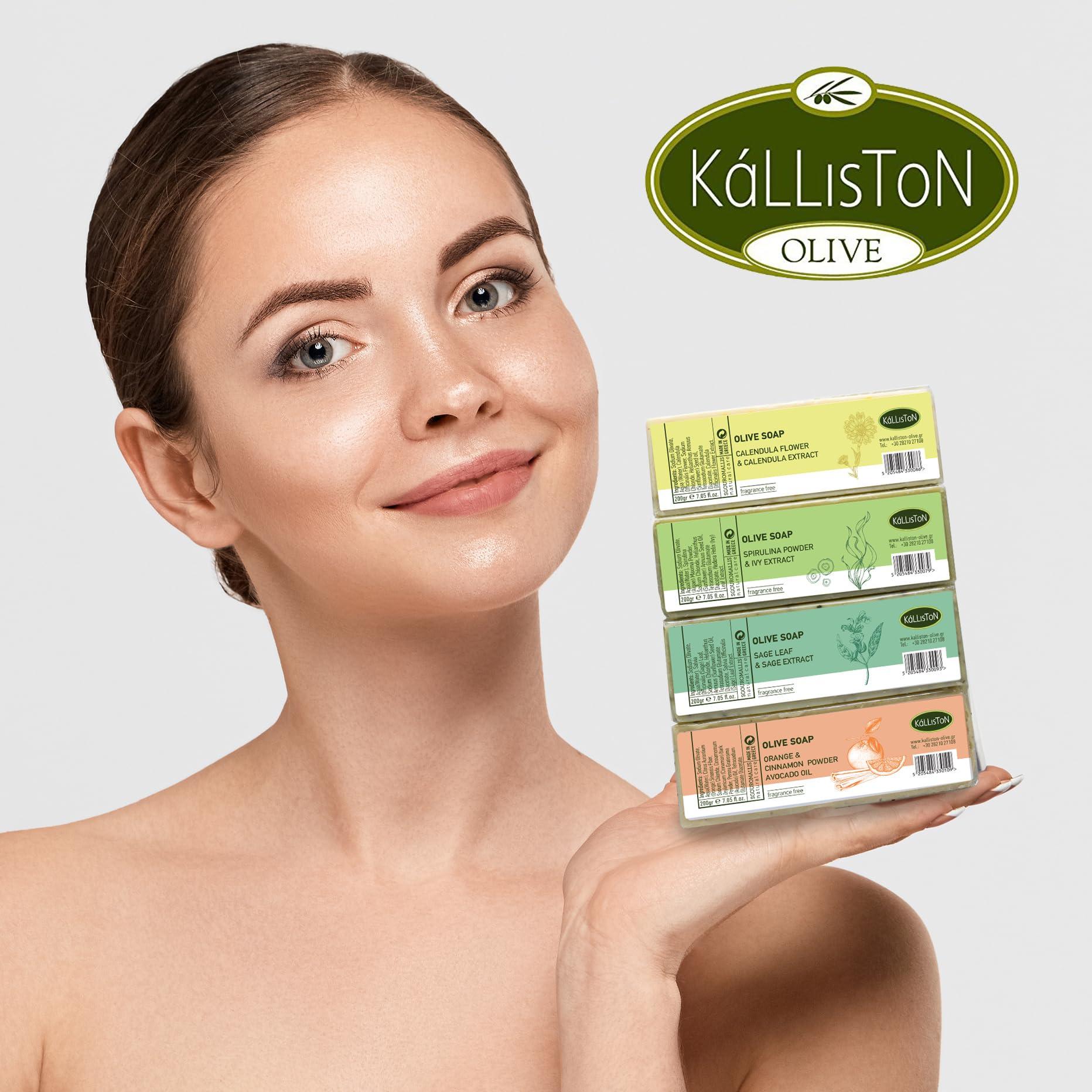 Kalliston Kalliston, Olive soap with calendula flower and extract, moisturizing and anti-bacterial sanitizing bar soap, detox and cleansing, 200 g bar, Pack of 2