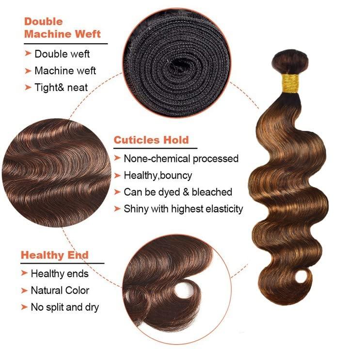 ZevPiul Highlight Human Hair Bundles Ombre Body Wave Bundle 8A Peruvian Virgin Human Hair 3 Bundles 26 28 30 Inch Brown Highlight Human Hair Bundles 2 Tone Dark Brown Human Hair Bundles