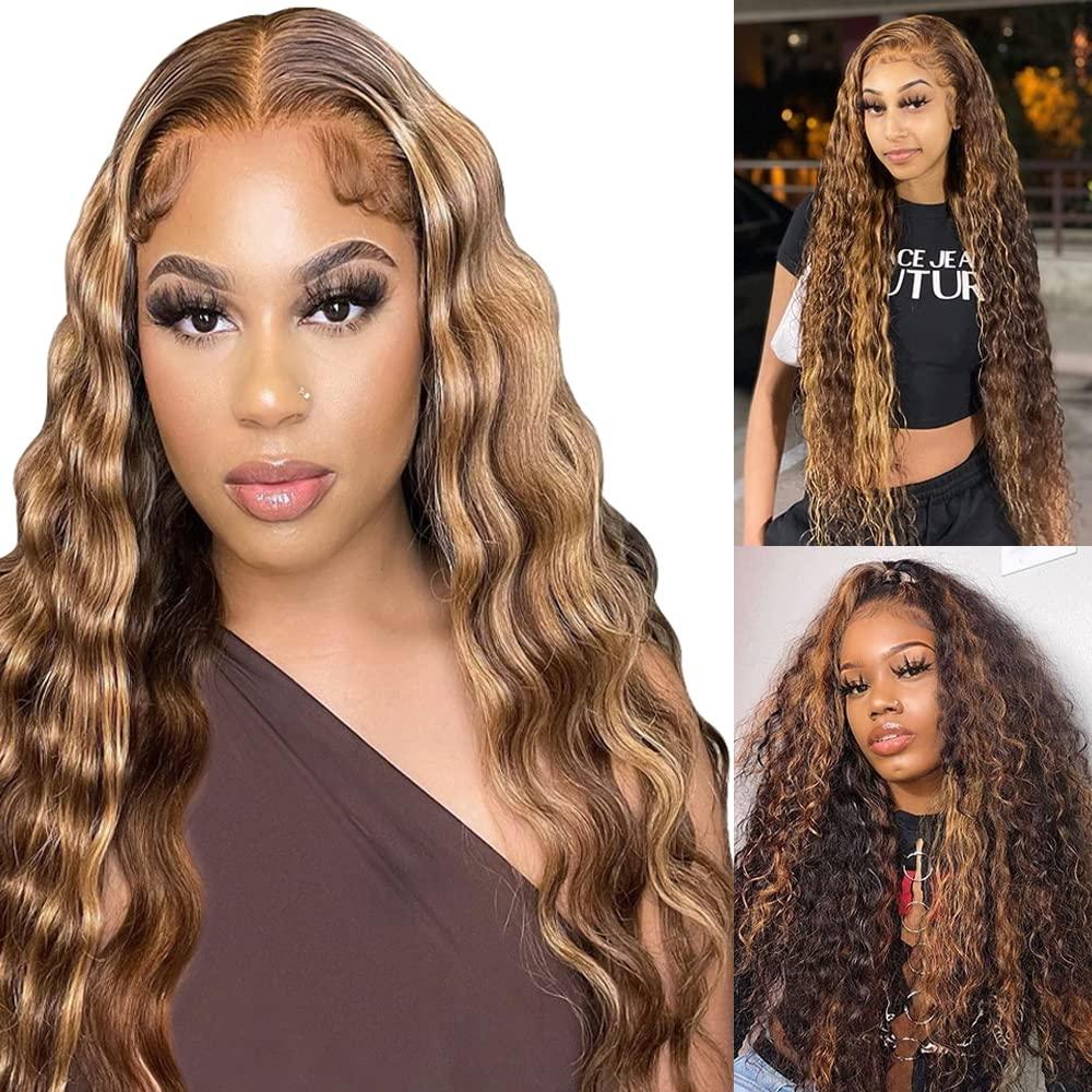 QEUOPE Highlight Deep Wave Bundles Human Hair Honey Blonde Deep Curly Weave Bundles P4/27 Human Hair Bundles Double Weft Brazilian Remy Hair Wet and Wavy Silky Soft Weave Extensions (24 26 28 Inch 3 Bundles)