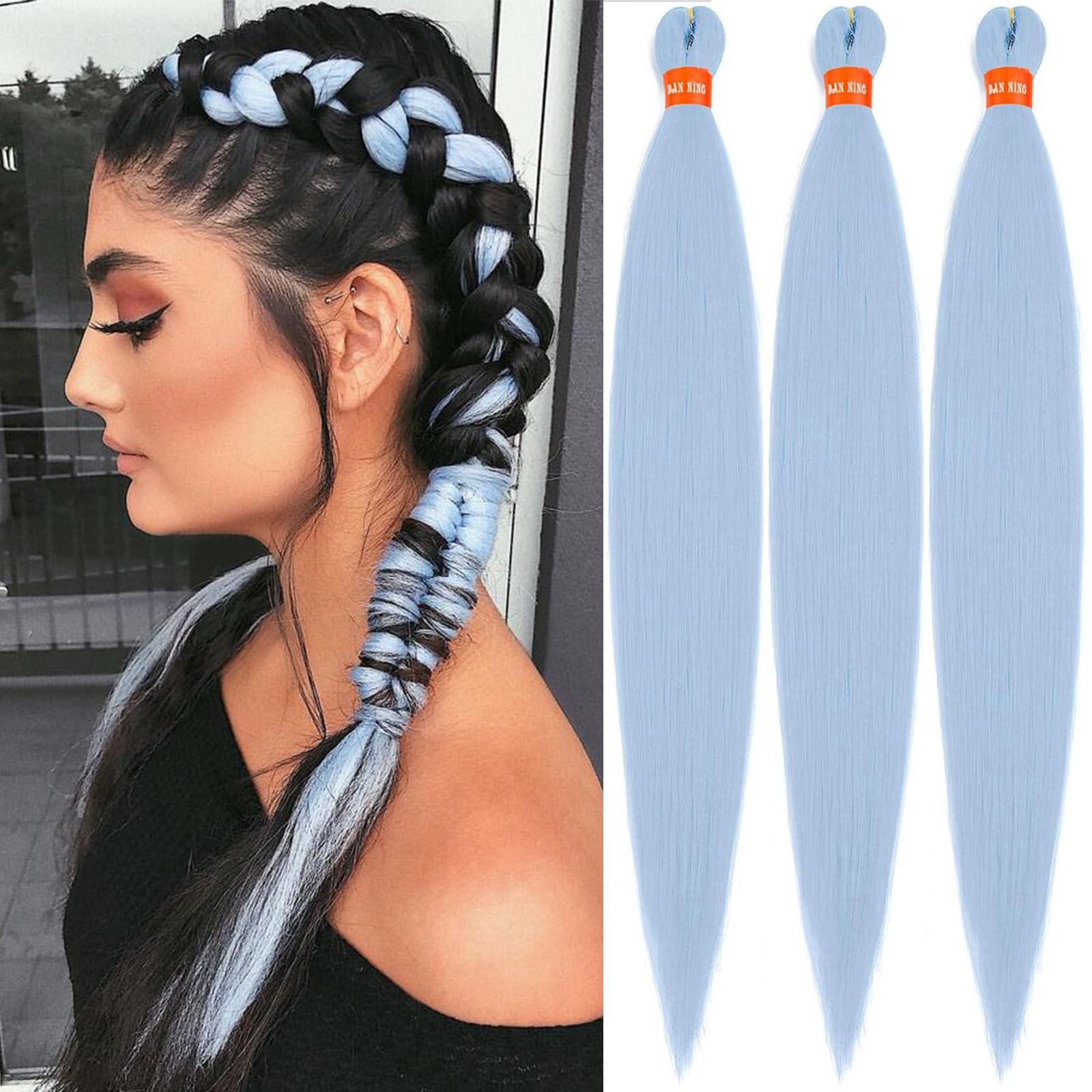DAN NING Baby Blue Pre Stretched Braiding Hair 30 Inch Box Braid Hair Extensions 3 Packs Yaki Texture Pre Feathered Braids Hair Easy to Use for Summer