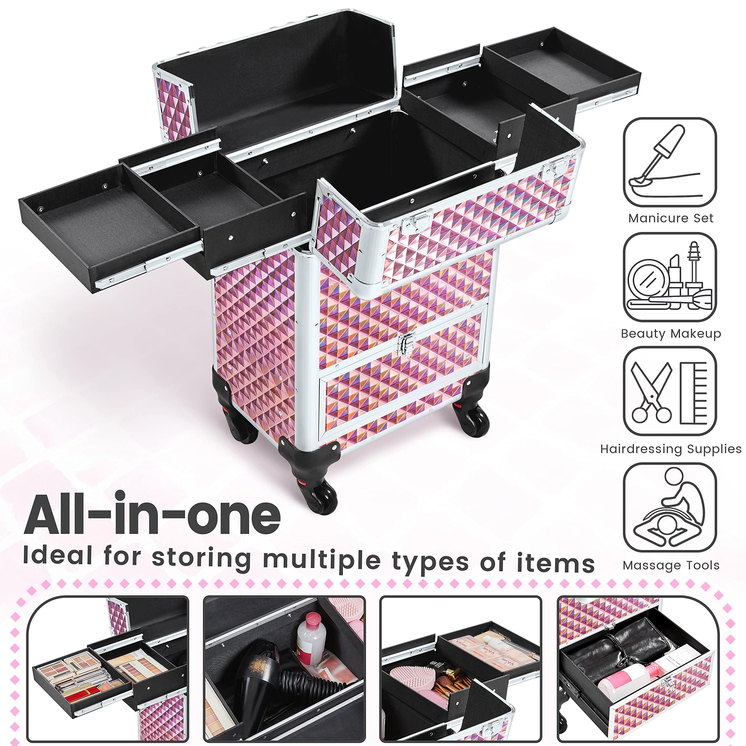 Yaheetech Yaheetech Rolling Makeup Train Case Aluminum Cosmetic Case with Wheels Barber Case Salon Lockable Travel Trolley with Sliding Drawers Removable Divider, Pink/Silver