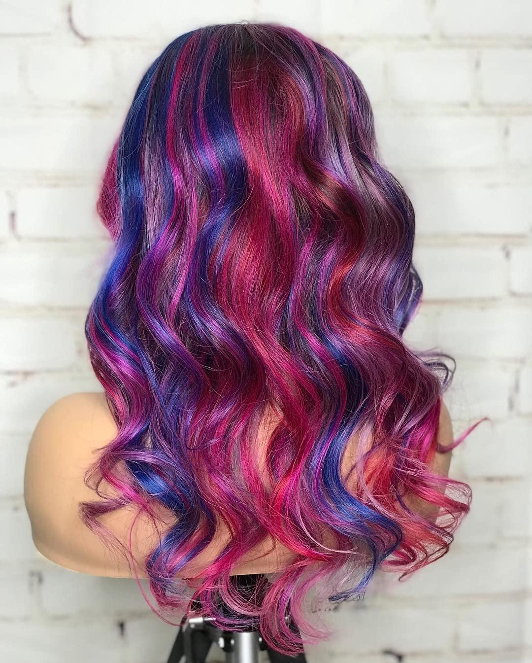 HAOKE Highlight Blue Purple Wig Body Wave Lace Front Wig Colorful Wigs Pre Plucked Bleached Knots Lace Front Wig Glueless Human Hair Wigs For Black Women(20inch, Highlight Blue Purple)