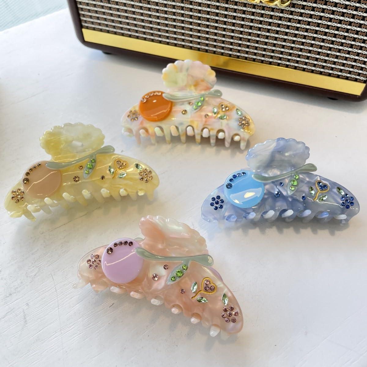 OMG Decor Flower with Diamond Hair Clips,Cellulose Acetate Hair Clips,Small Claw Clips for Girl,Hair Accessories,Pink