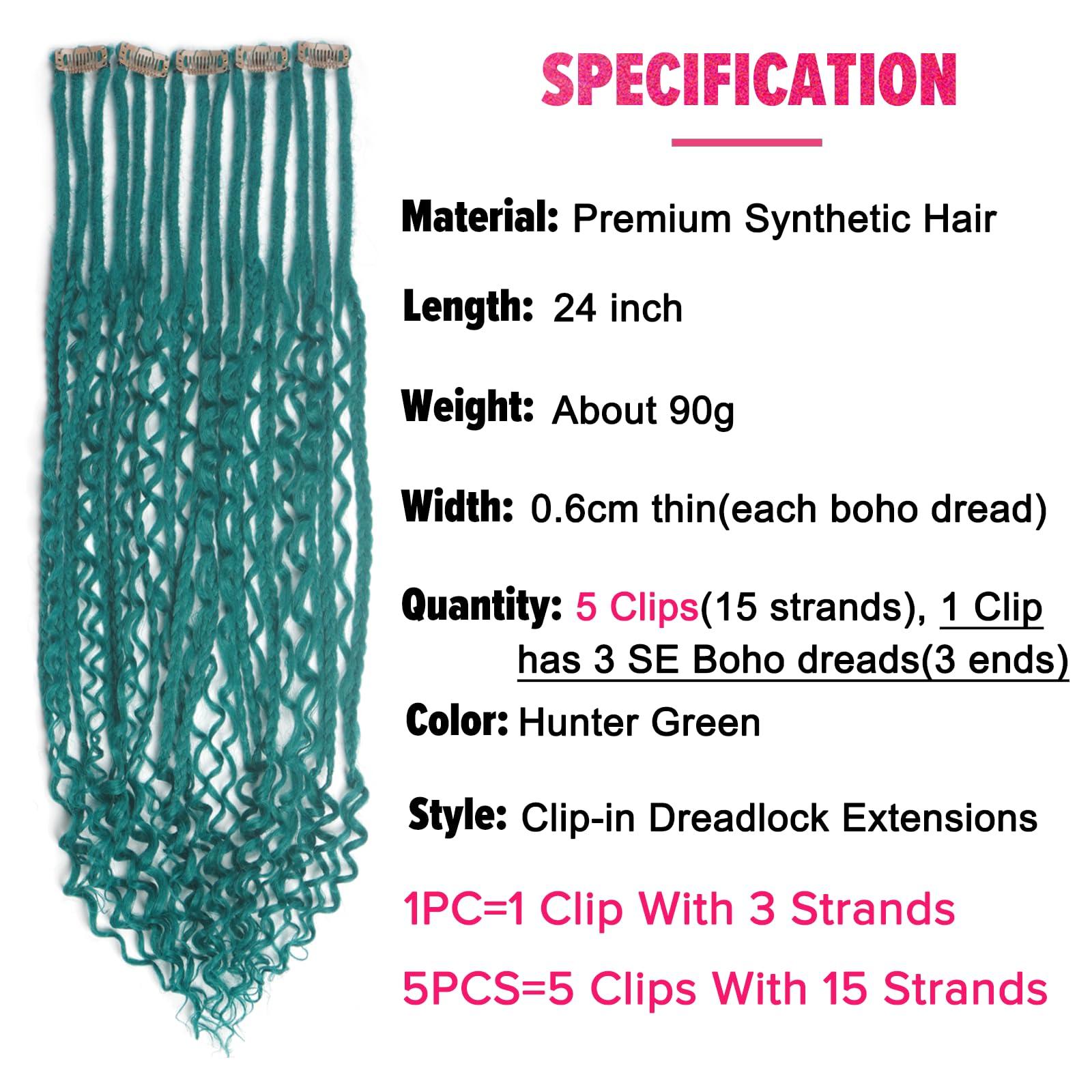 Kyriena Kyriena 24 inch 5PCS Boho Dreadlock Extensions Clip In, 5 Clips with 15 Strands SE Curly Dreads with Box Braid Castleton Green Synthetic Crochet Bohemian Styles Dreads for Woman