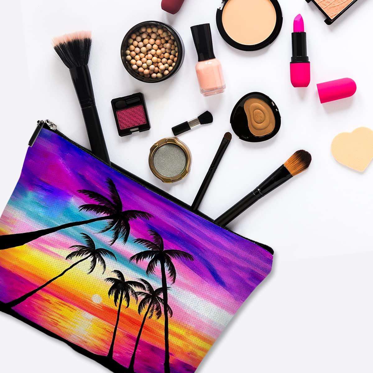Givotin Givotin Cosmetic Bags for Women Cute Makeup Bag for Purse Canvas Travel Toiletry Bag Funny Zipper Pouch-Red Sunset Coconut Palm Makeup Bags