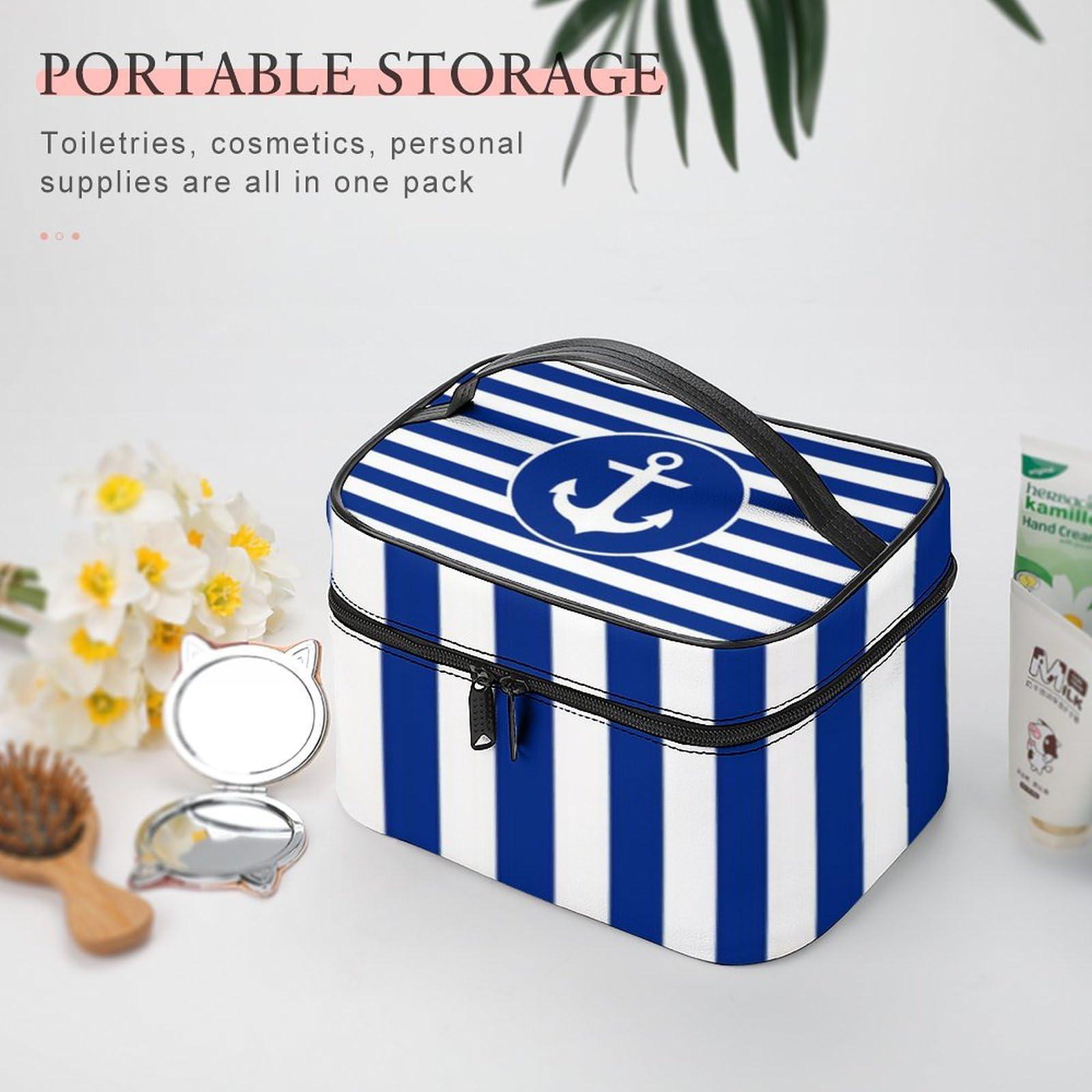 Nosarte Nautical Blue and White Anchor Striped Cosmetic Bag, Travel Portable Makeup Bag for Purse Pouch Beauty Zipper Organizer Toiletry Bag for Women